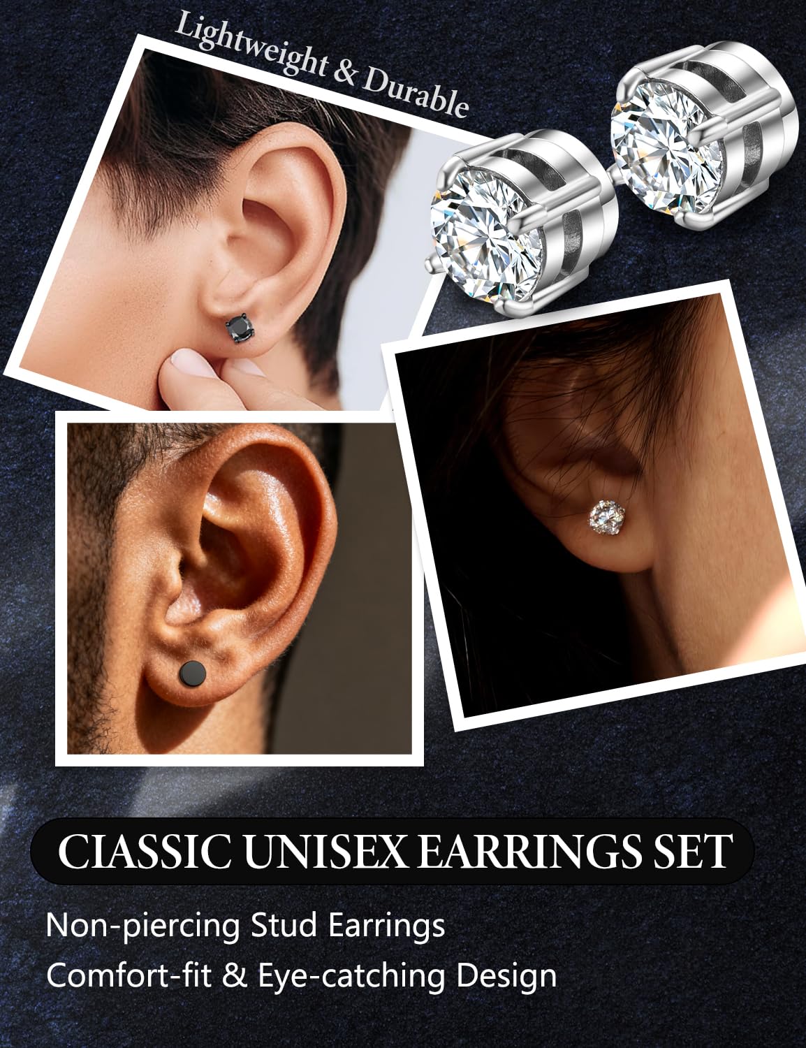 4 Pairs Stainless Steel Magnetic Stud Earrings for Men Women Non Piercing Clip on CZ Earrings 6MM (4 Pairs a Set,6MMBlack + Silver)