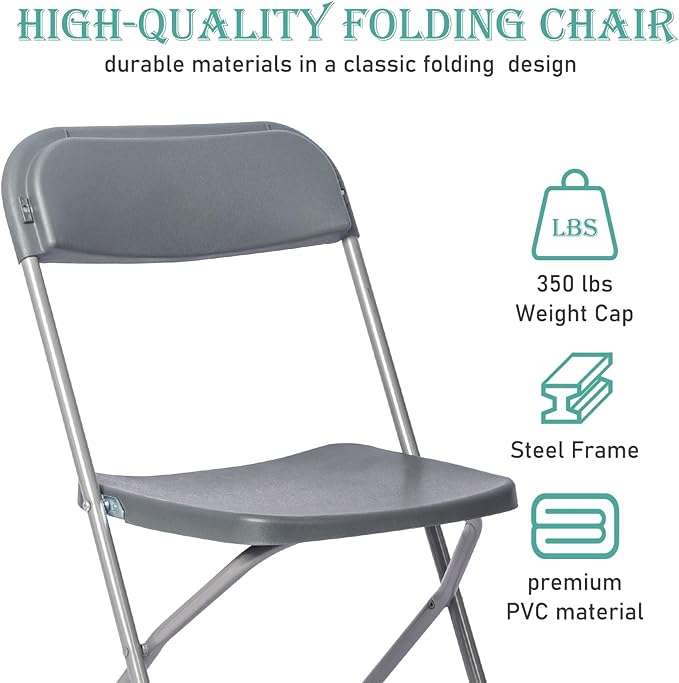 80 Pack Plastic Grey Folding Chairs,Portable Party Chairs Stackable Commercial Seats with Steel Frame for Office Home Outdoor Indoor Wedding Party Patio Dinning Events,350lbs Capacity