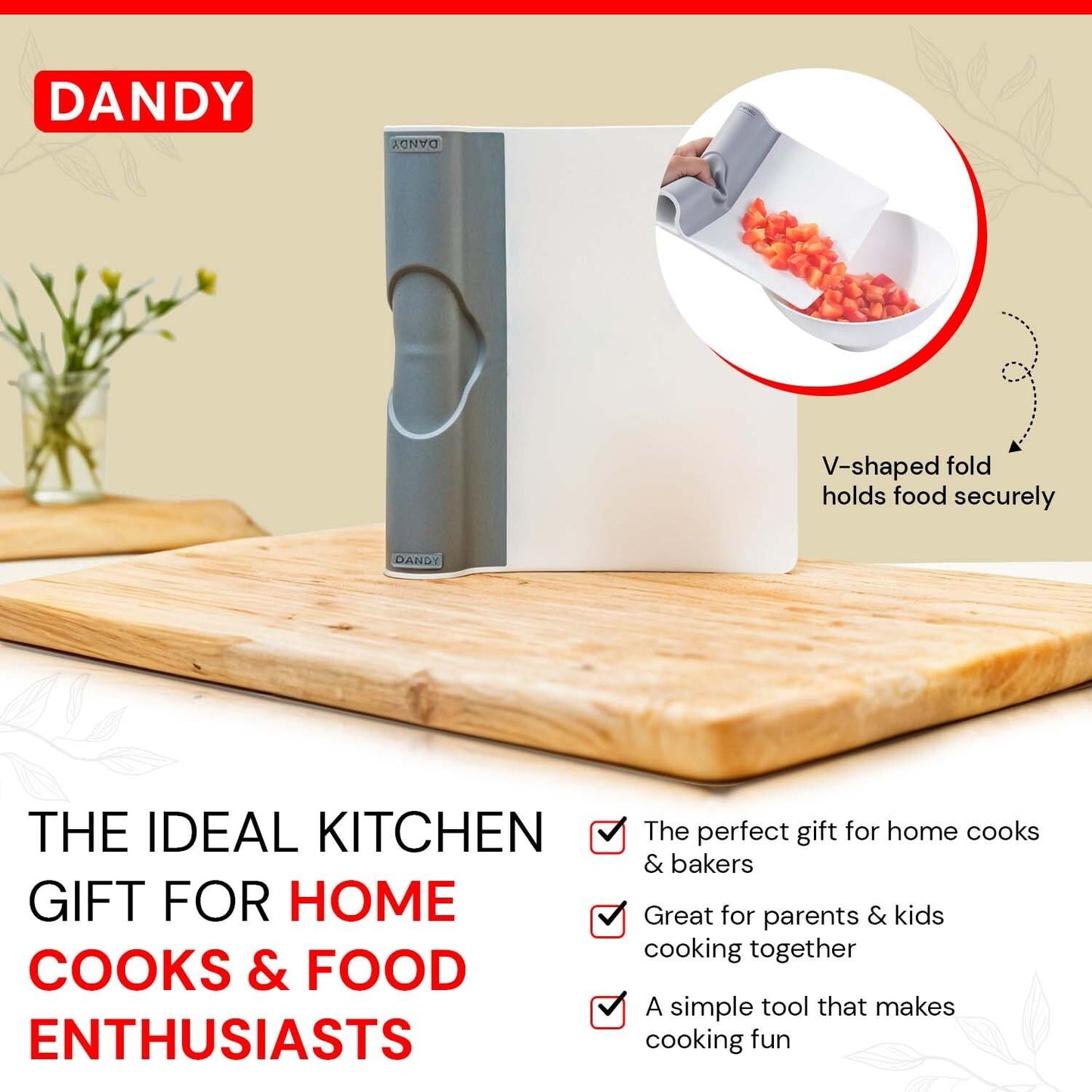 DANDY ScooperDuper - Multi-Purpose Folding Food Mover, Bench Scraper, Dough Scraper, Food Scraper Tool, User-Friendly Kitchen Gadget for Cutting Board and Chef’s Knife