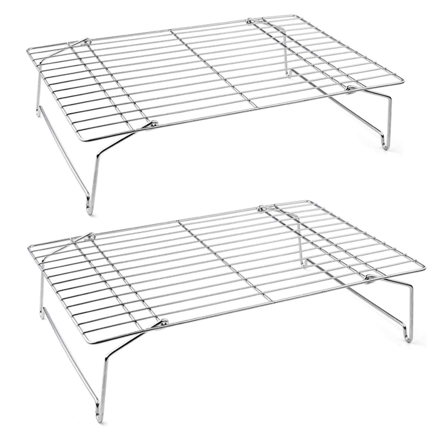 P&P CHEF Cooling Rack Set of 2, 2-Tier Stackable Stainless Steel Wire Racks for Baking Cooking Cooling Roasting, Collapsible & Heavy Duty, Oven Safe & Easy Clean, 15" x 10", Silver