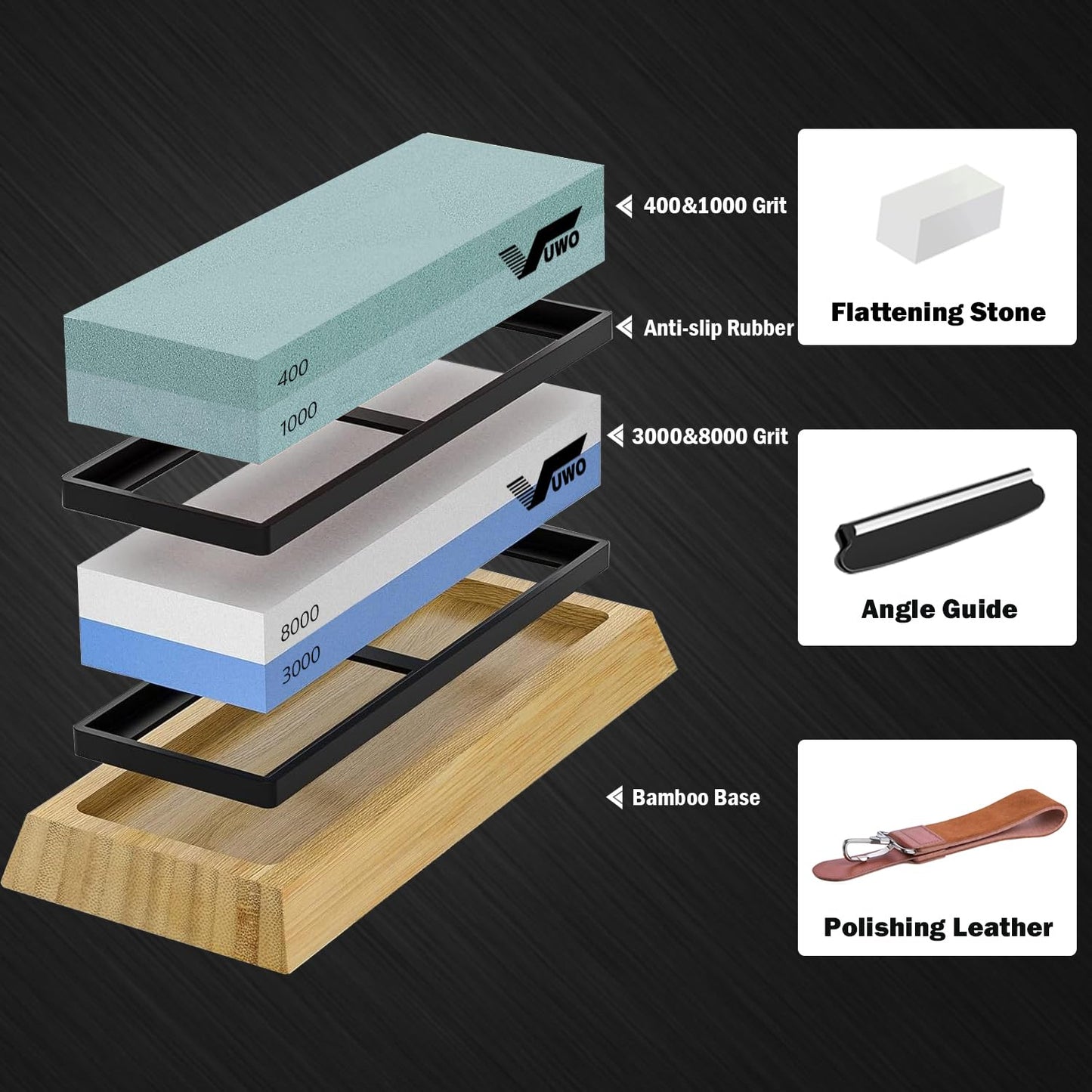 vuwo Knife Sharpening Stone Kit - Whetstone Grit 400/1000 3000/8000 Premium Knife Sharpener Wet Stone Set with Bamboo Base Angle Guide Leather Strop Flattening Stone Silicon holder