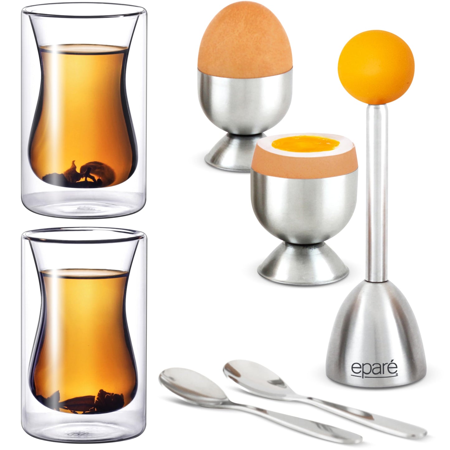 Eparé Bundle: Egg Cracker Topper Set & 6oz Turkish Tea Cups - Complete Soft Boiled Egg Tool Set & Double-Walled Glass Coffee Cup