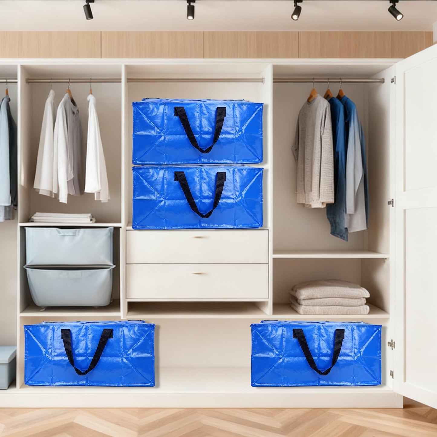 4PCS Large Heavy Duty Moving Bag, Storage Totes For Space Saving, Moving Totes, Clothes Storage Containers with Strong Handles Double Zippers for Transporting Organizing Travelling Bedroom, Blue