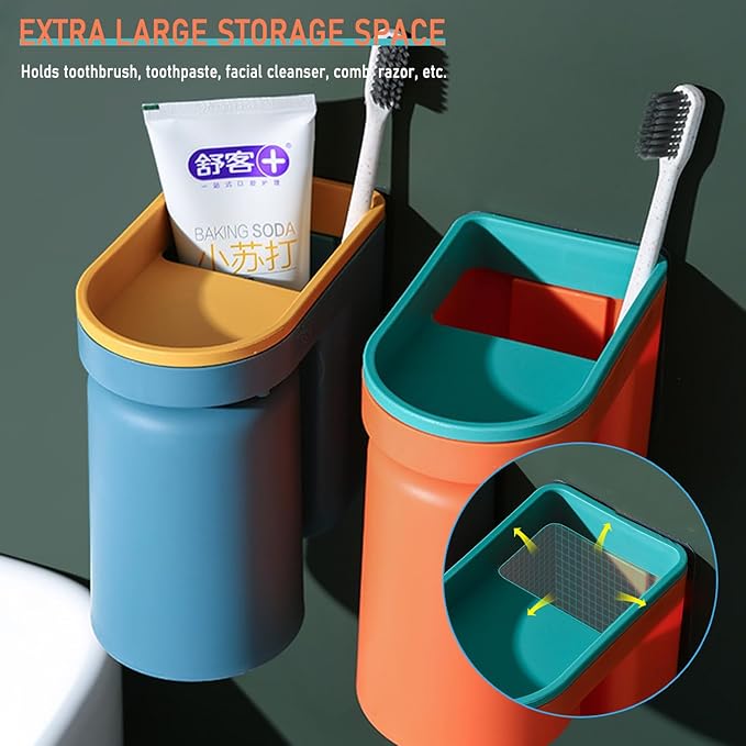 Toothbrush Holder Wall Mounted with Cup,2-in-1 Toothbrush Holders & Cups Set,Inverted Design for Easy Cleaning and draining,Stick-on Toothbrush Holder for Bathroom (Green+Yellow)
