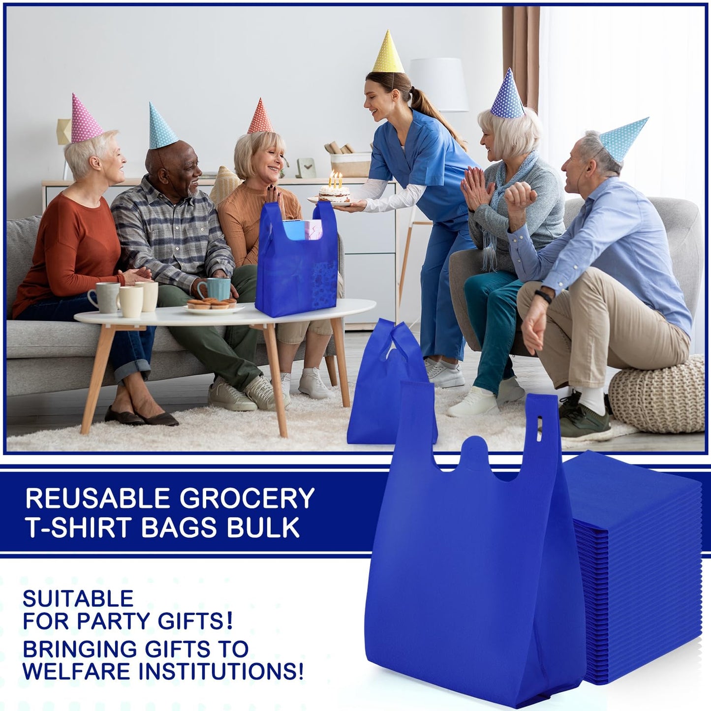 Windyun Large Grocery T-shirt Bags Bulk Reusable Non Woven Shopping Bag Foldable Gift Tote with Handle, 21x11x6 Inch(100 Pcs,Navy Blue)