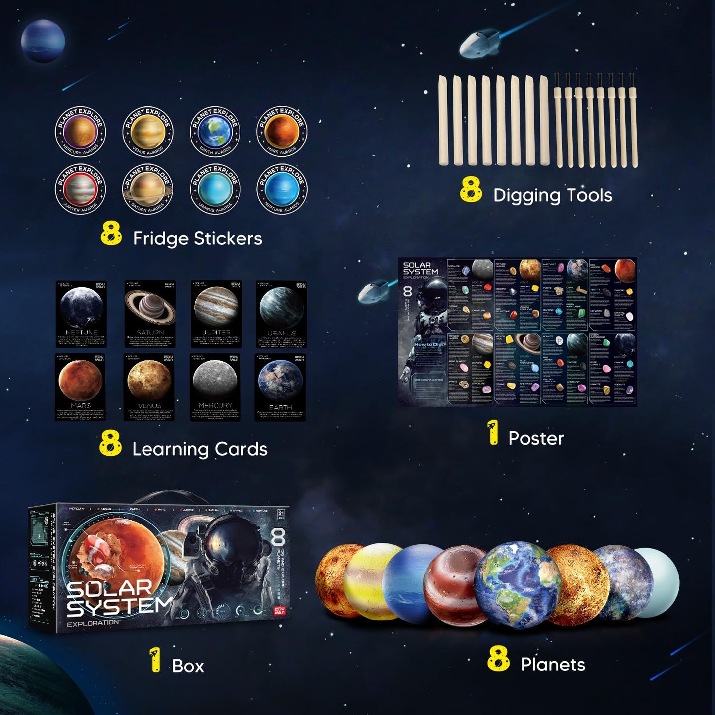 EDUMAN Gemstone Dig Kit - Dig It Up 40 Real Gems & Crystals with Mining Kit Tools, Solar System Eight Planets Toys for Kids Age 6+, STEM Science Educational Toys, Space Toys Ideal Gift for Boys Girls