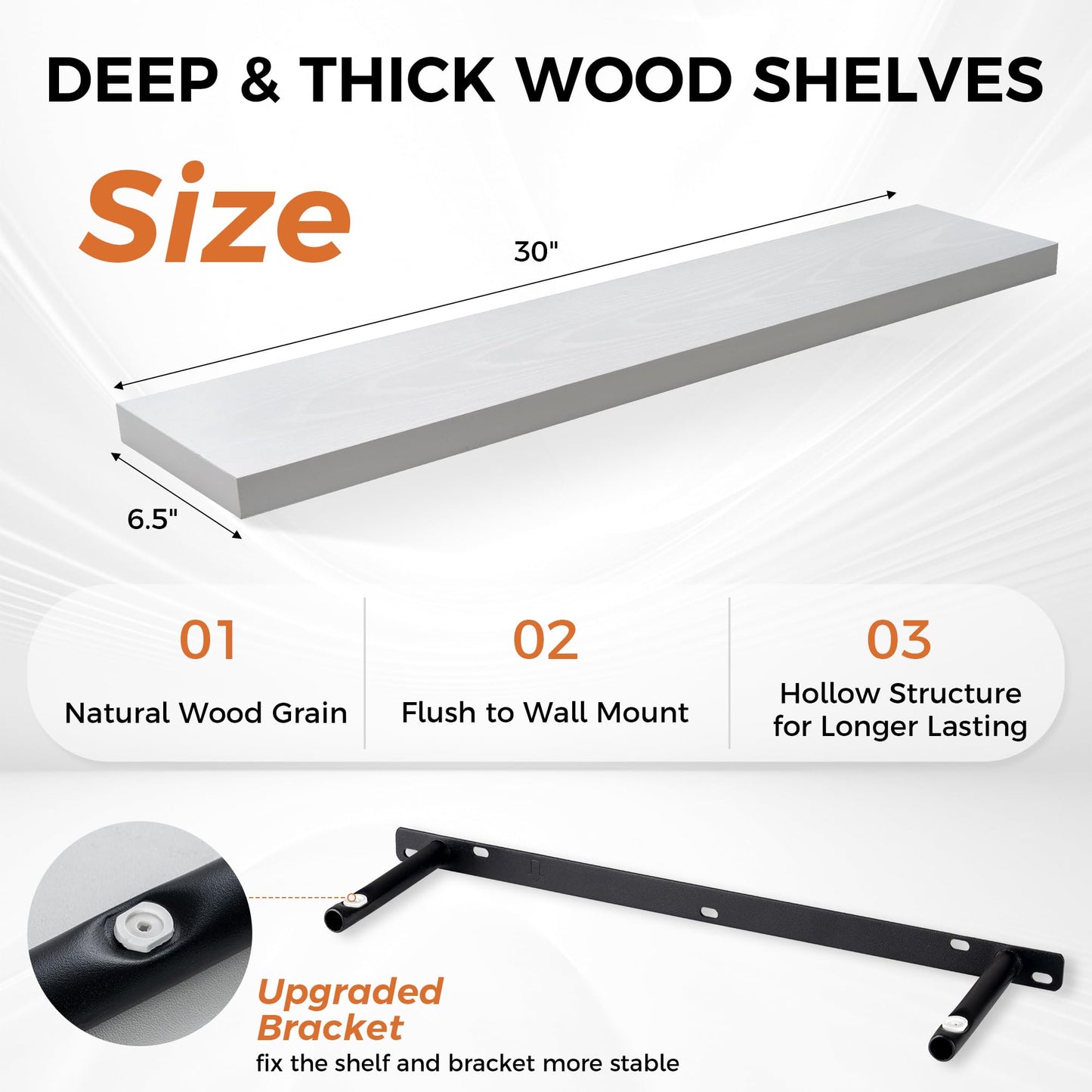Fun Memories Floating Shelves for Wall, 30" Rustic Wood Deep Wall Mounted Shelves with Invisible Brackets for Decor & Storage, Floating Shelf for Living Room, Bathroom (White, Set of 2)