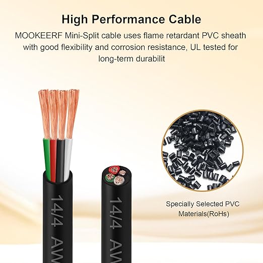 MOOKEERF 14/4 AWG Mini-Split Cable - 25FT 14 AWG 4 Conductor Control Cable 300V Stranded Oxygen-Free Pure Copper Wire for Mini Split Air Conditioner,Heat Pump,HVAC Systems and Speaker Systems