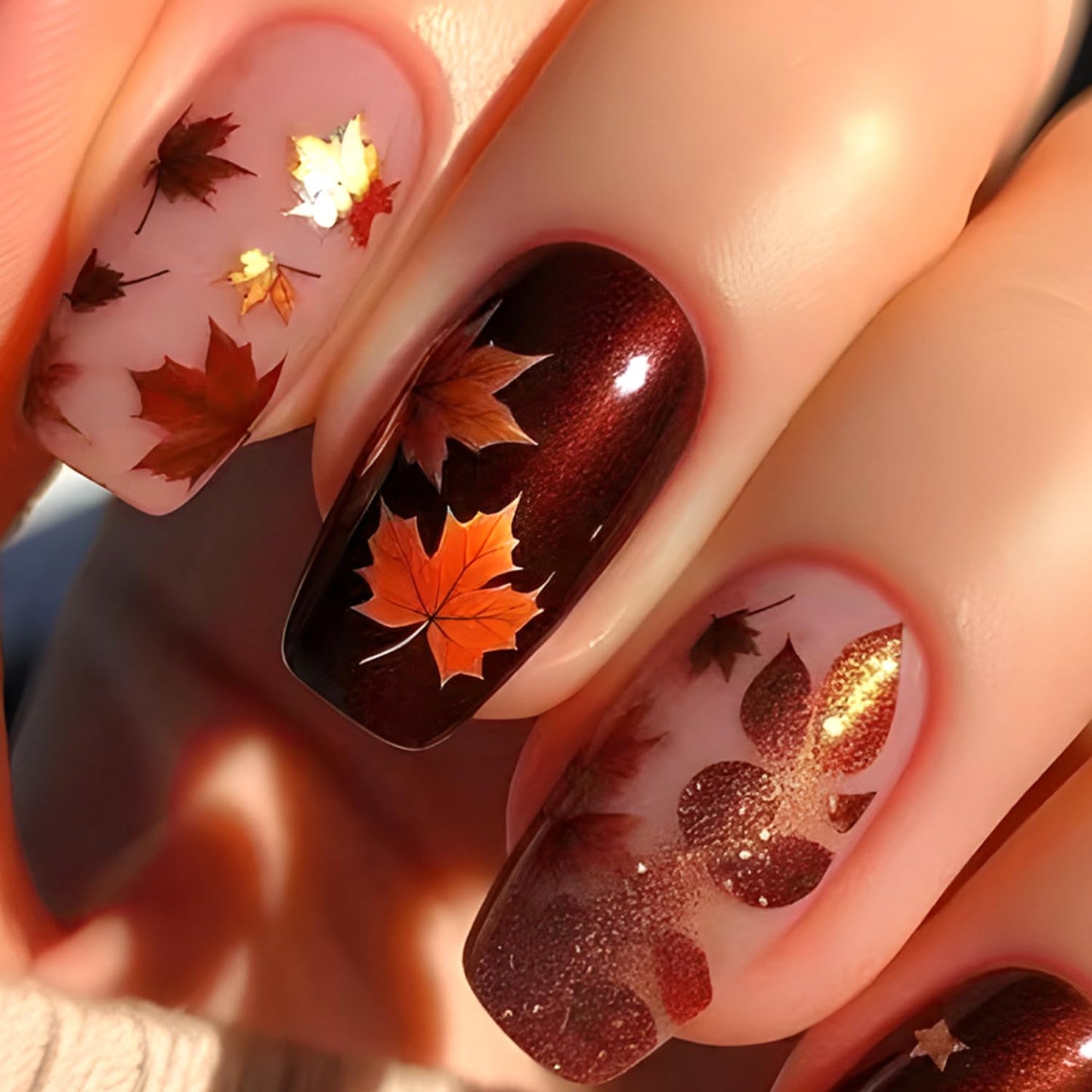 Thanksgiving Press on Nails Medium Ballet Maple Leaf Acrylic Nails Glitter Powder Maple Leaf Design Fall Stick on Nail Full Cover Glossy Artificial Fingernails Autumn Festival Glue on Nails for Women