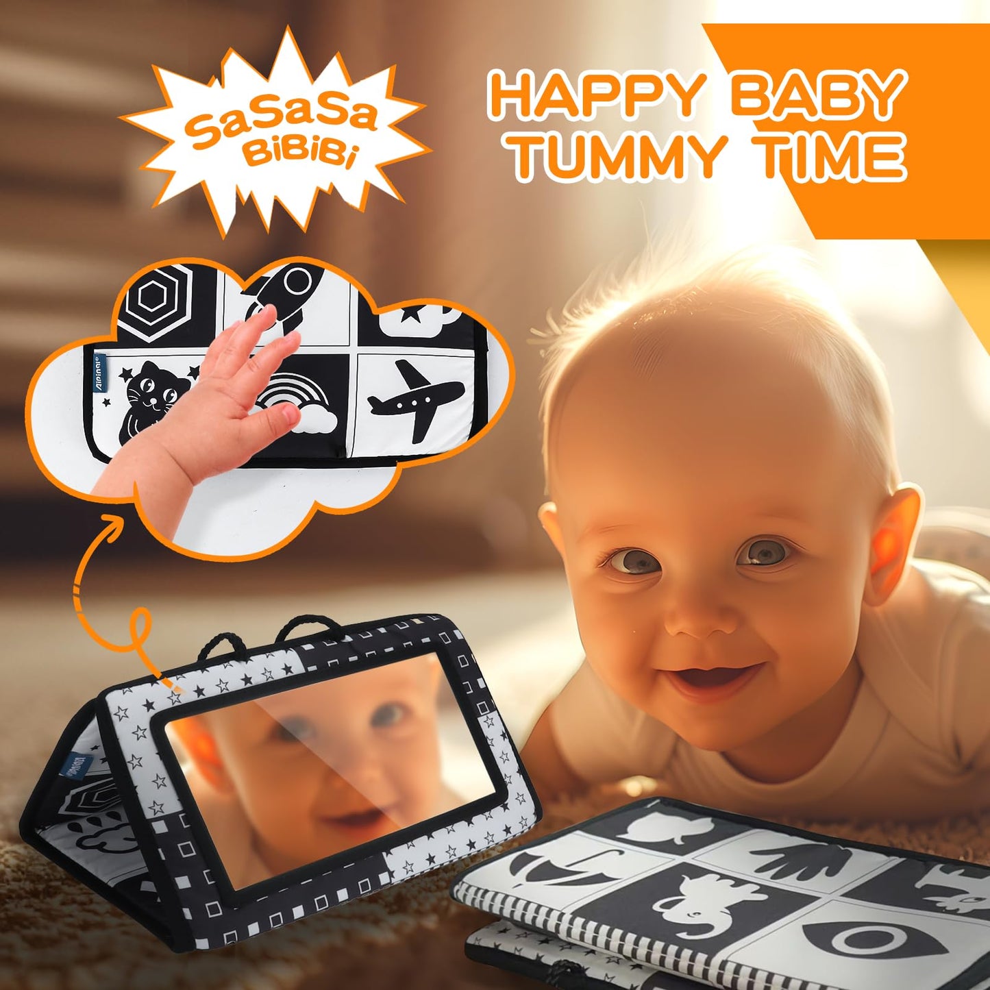Starrykids Montessori Toys for Babies 0-6 Months, 6 in 1 Learning Educational Set for Newborn, Toddlers Gifts Includes Spinning Drum, Object Permanence Box, Baby Roller Tummy Time Mirror and More