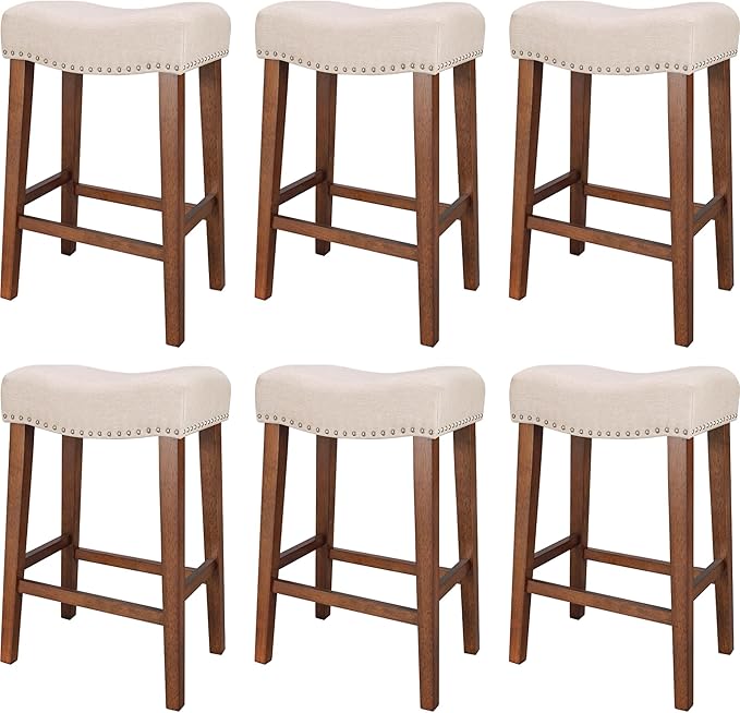 PrimeZone Counter Height Bar Stools Set of 6 - Backless Saddle Barstools with 4.3" Thick Upholstered, Nailhead Trim Linen Fabric & Solid Wood Legs, 26 Inch Counter Stools for Kitchen Island, Beige