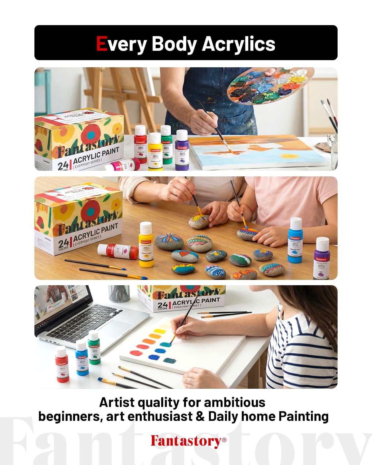 Fantastory Acrylic Paint Set, 24 x 60 ml with 12 Brushes; Christmas Acrylic Paint, Waterproof; For Artwork & DIY Projects on Canvas, Wood, Glass, Clay, Fabric, Ceramic, Paper, Canvas