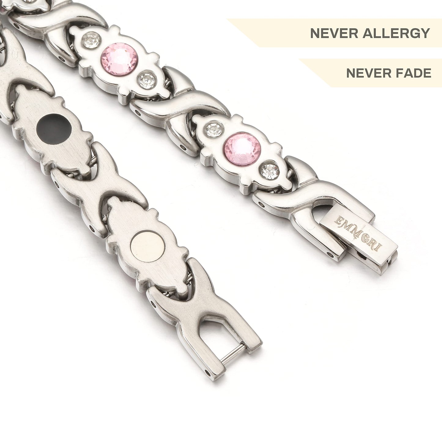 EMMORI Ultra Strength Magnetic Bracelet for Woman - 3,500 Gauss Per Magnet -Crystal Bracelet - Adjustable Length -Pulseras Magneticas (Silver)