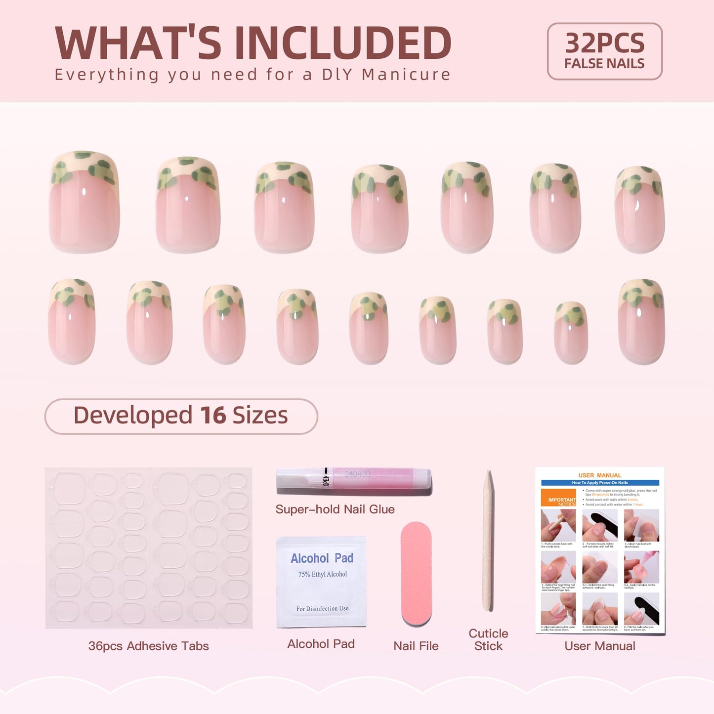 WAFOLOZE White French Tip Press On Nails Short Fake Nails Set - 32pc Reusable Soft Gel False Nails Tips Kit, Artificial Nails with Glue, Green Flowers Pattern