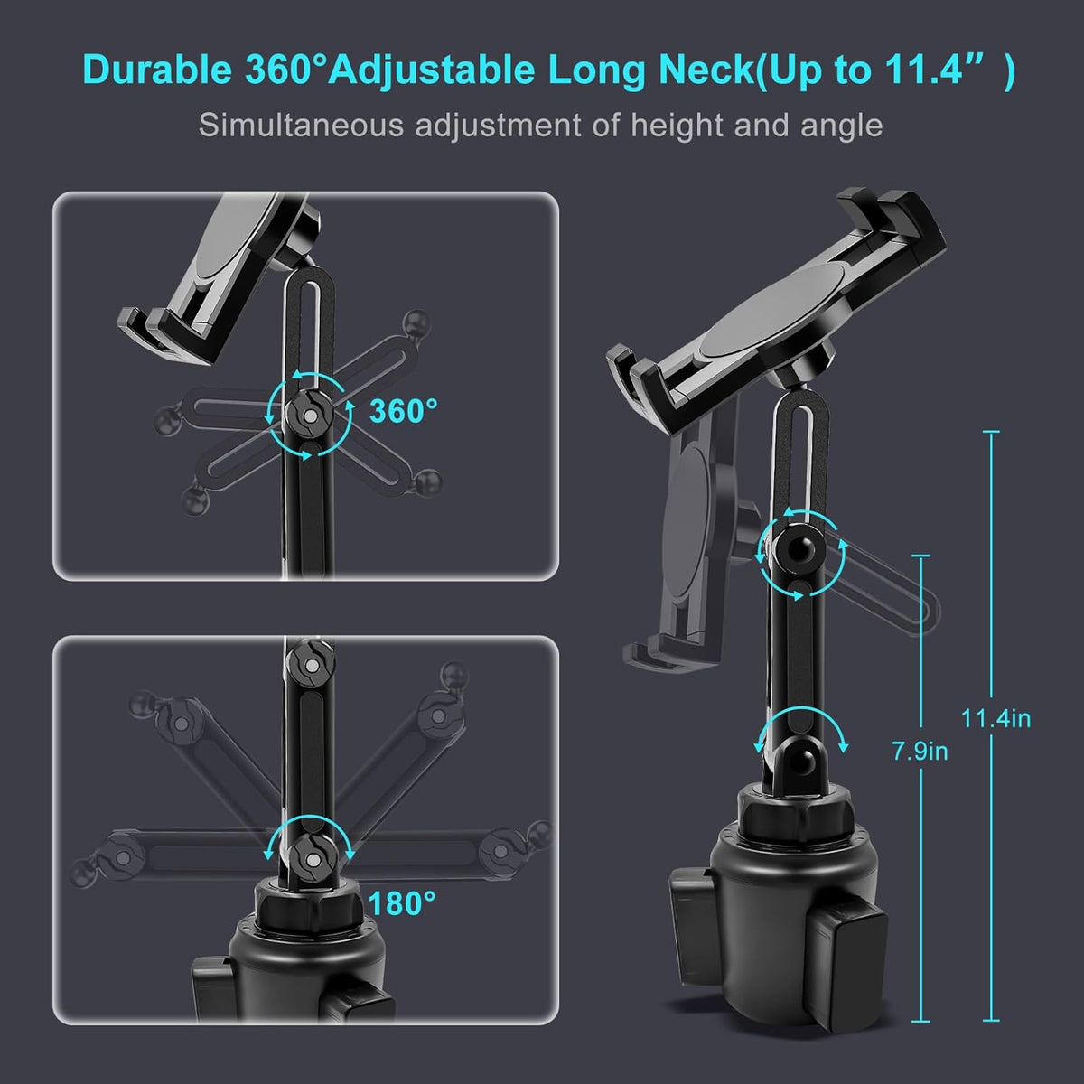 Cup Holder Car Tablet Mount, 360° Adjustable 2-Arm Stand Holder for iPad Pro 12.9/11/10.5/9.7/Air/Mini 6/5/4, Samsung Galaxy Tab/Z Fold 6/5, Amazon Fire HD, iPhone 16/15/14/Pro, 4.7-12.9" Tab & Phone