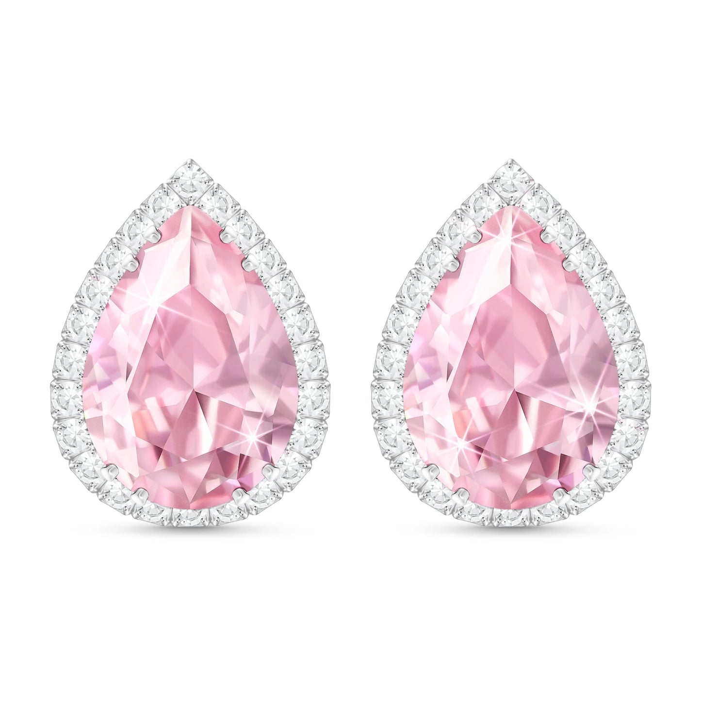 Linawe Pink Earrings Studs for Women, Silver Imitation Diamond Morganite Teardrop Cartilage Stud Earrings Set, Wedding Bridal Iridescent Rhinestone Crystal Sparkly Bridesmaid Jewelry