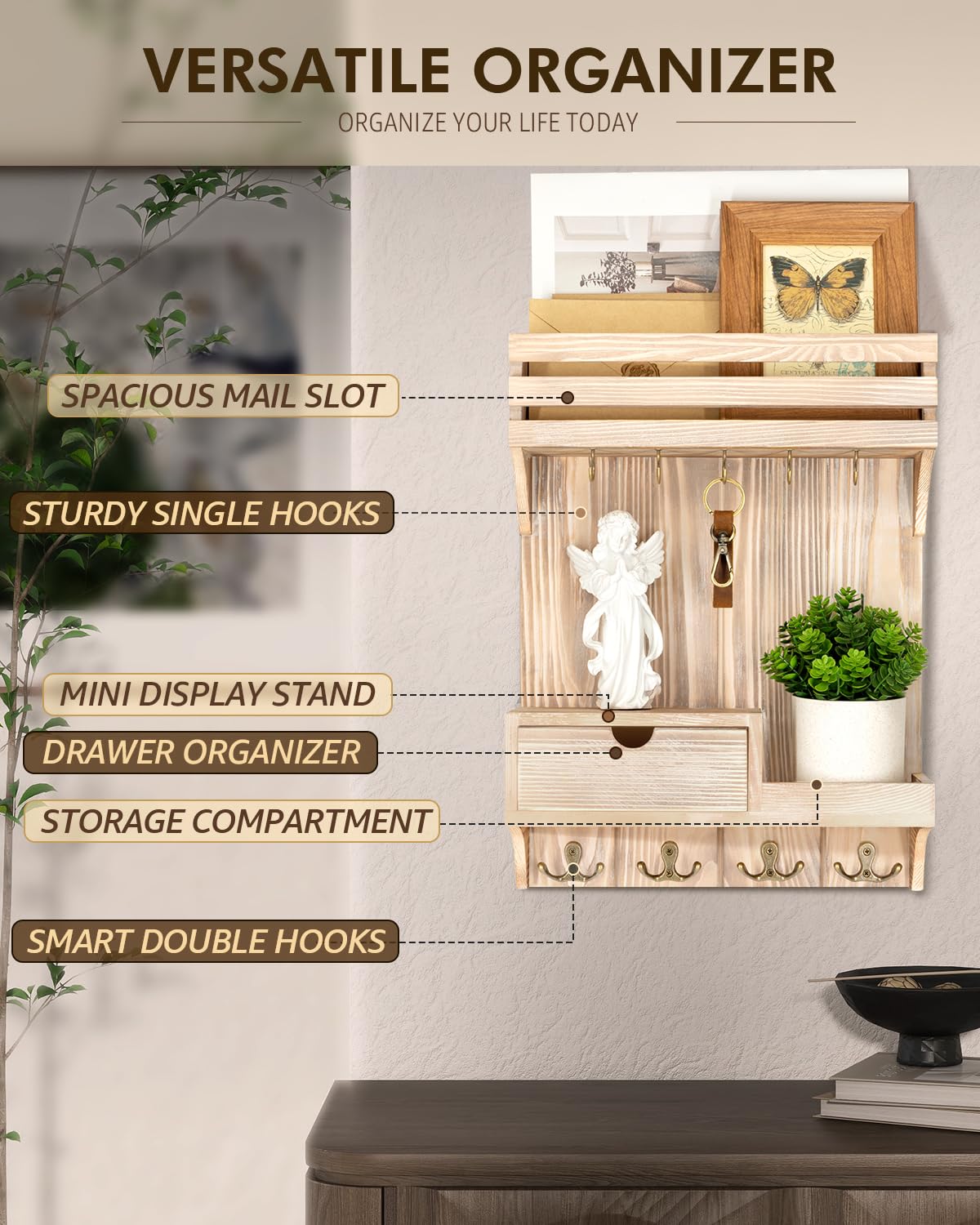 Rebee Vision Decorative Key Holder Wall Mount with Mini Drawer Organizer - Farmhouse Key Holder for Wall with Mail Organizer & 9 Key Hooks - Ideal Room Decor Aesthetic (Natural Wood)