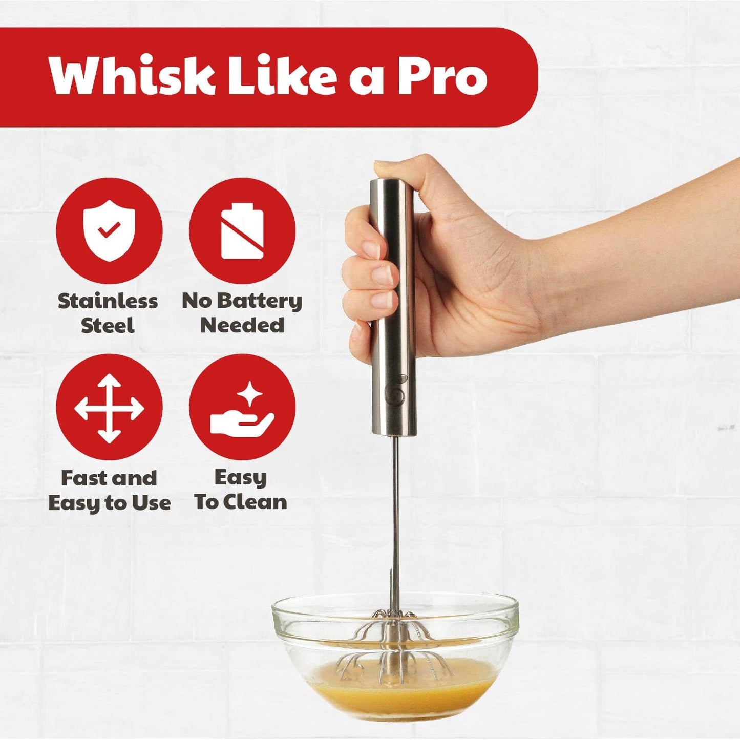 Stainless Steel Egg Beater - Easy to Use Semi-automatic Push-Down Zip Whisker - Rotary Hand Mixer for Beating Eggs, Frothing Milk, Blending, Mixing - Hand Whisk - 2 Pack (12 &14 Inch)