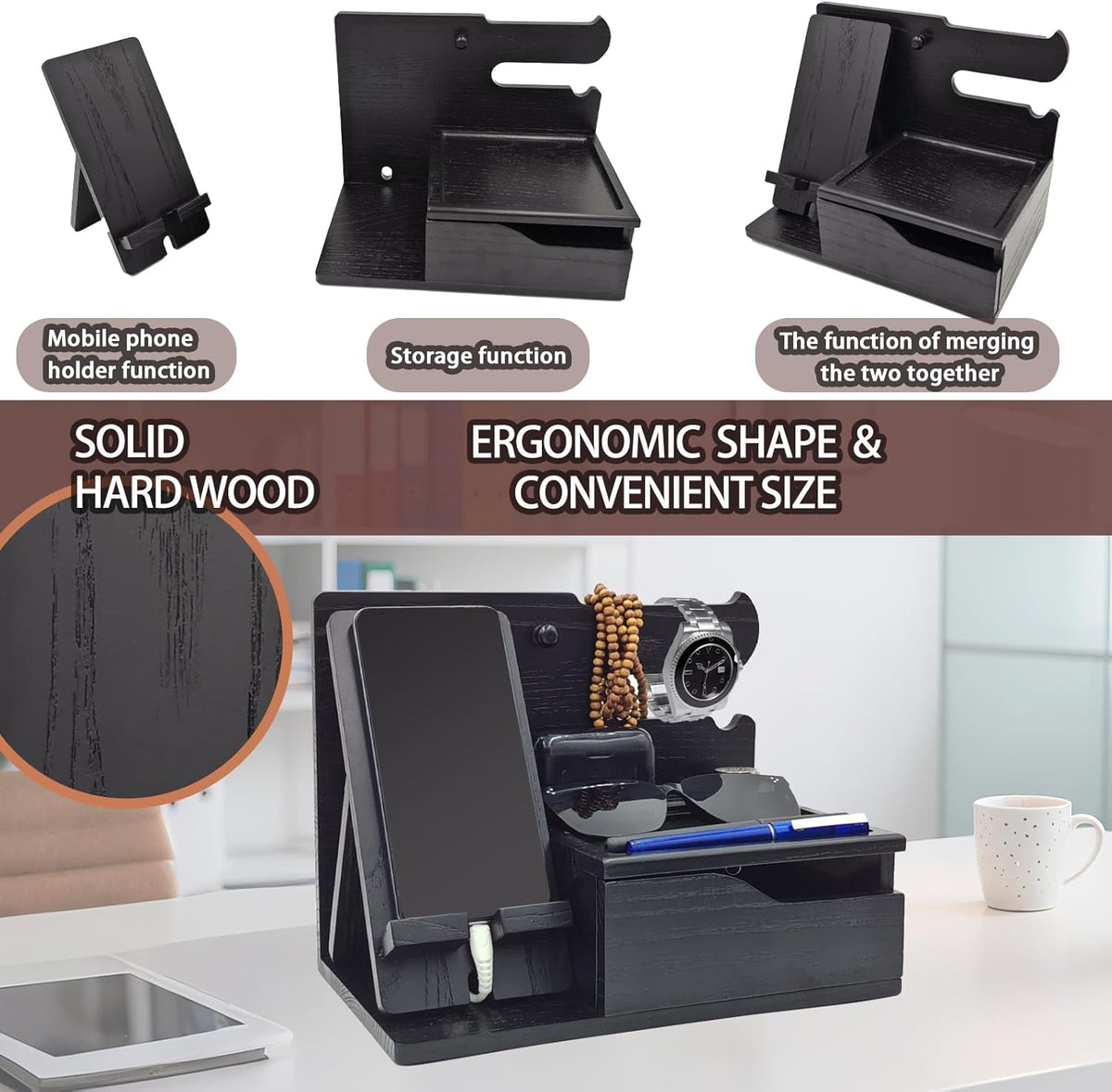 3-in-1 Wood Phone Docking Station Organizer with Drawer & Hidden Charging Hole for Phone, Keys, Glasses & Accessories, for Men (Black, 01)