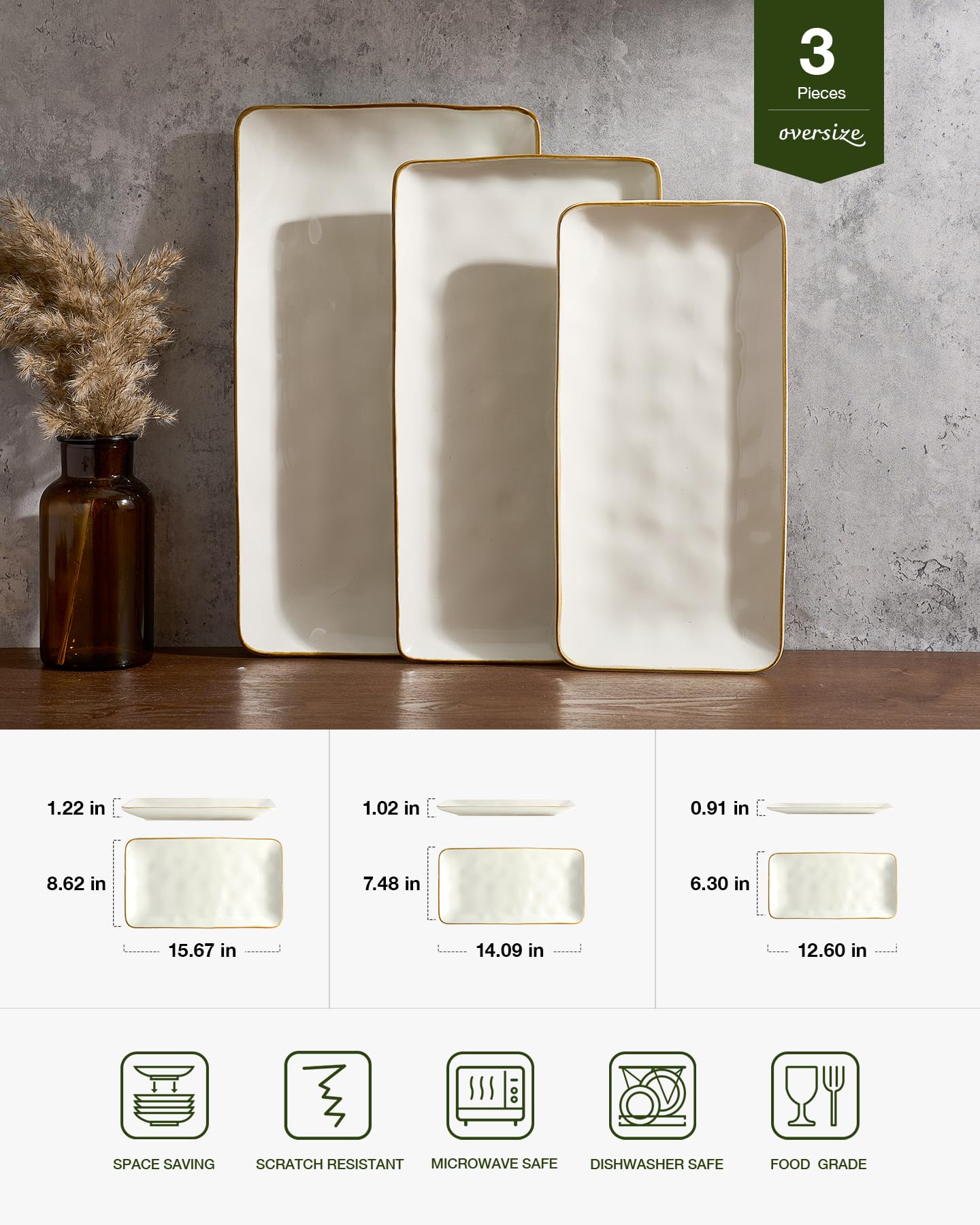 Famiware Serving Platter, Rectangular 15.67/14.1/12.6inch Serving Dishes for Entertaining, Microwave Dishwasher Safe, Stoneware Serving Trays for Party, Turkey, Cheese, Ocean Series, Vanilla White