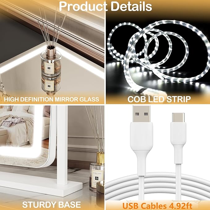 Lighted Makeup Mirror, Hollywood Vanity Mirror with Lights, Three Color Lighting Modes, and Detachable 10X Magnification Mirror, Smart Touch Control, 360°Rotation (15.2in White)