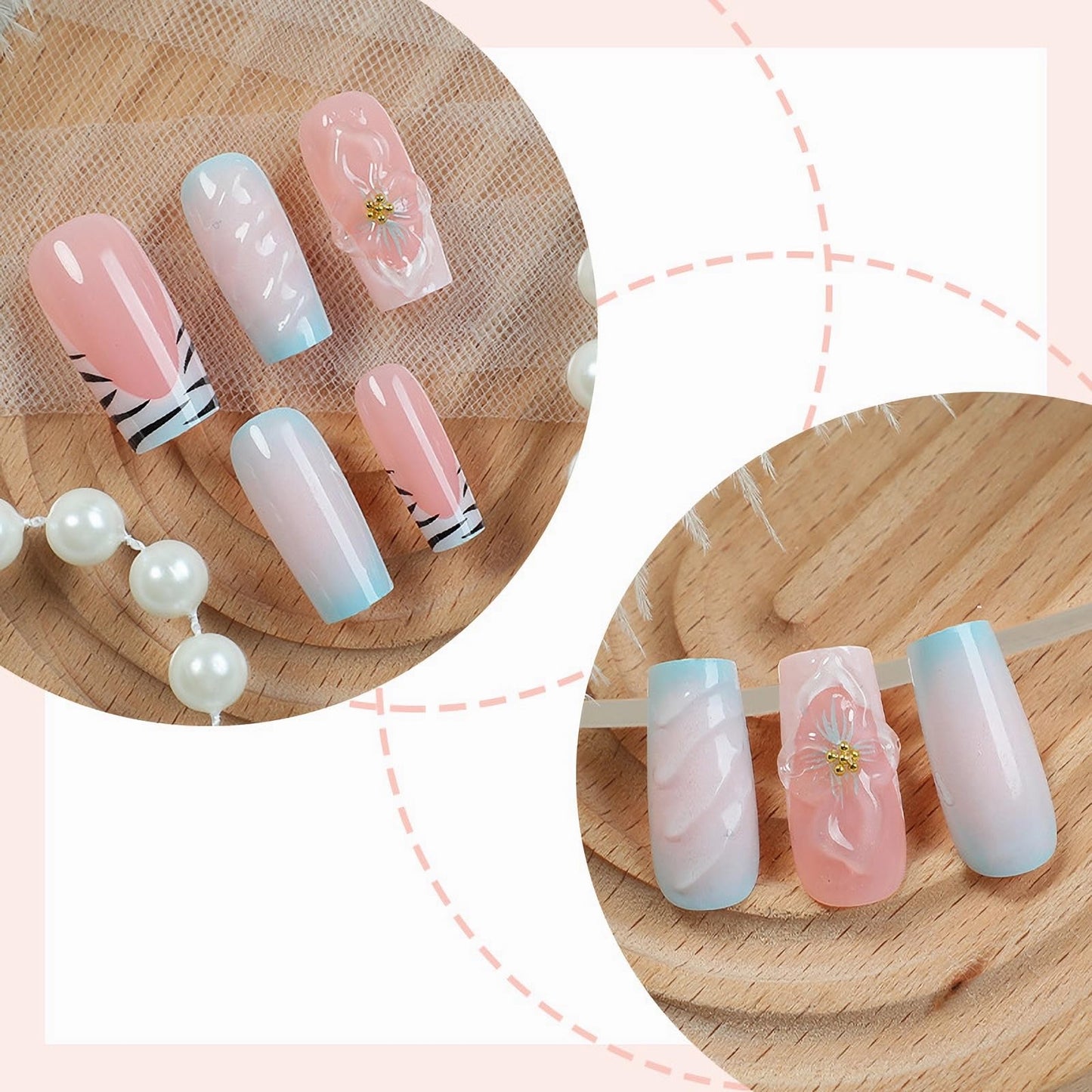 MISUD Press on Nails - Long Square Glue on Nails with Blue Pink, Acrylic Flower Design 24 pcs