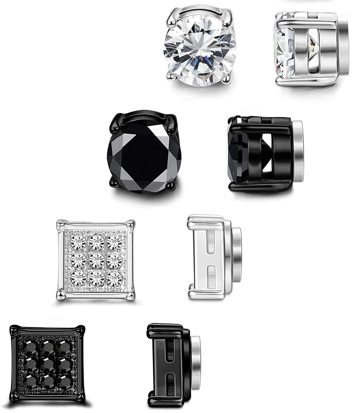 SIISPRI 4 Pairs Stainless Steel Magnetic Stud Earrings for Men Women Non Piercing Clip on CZ Earrings 6MM (4 Pairs a Set,6MMBlack + Silver) (black + silver)