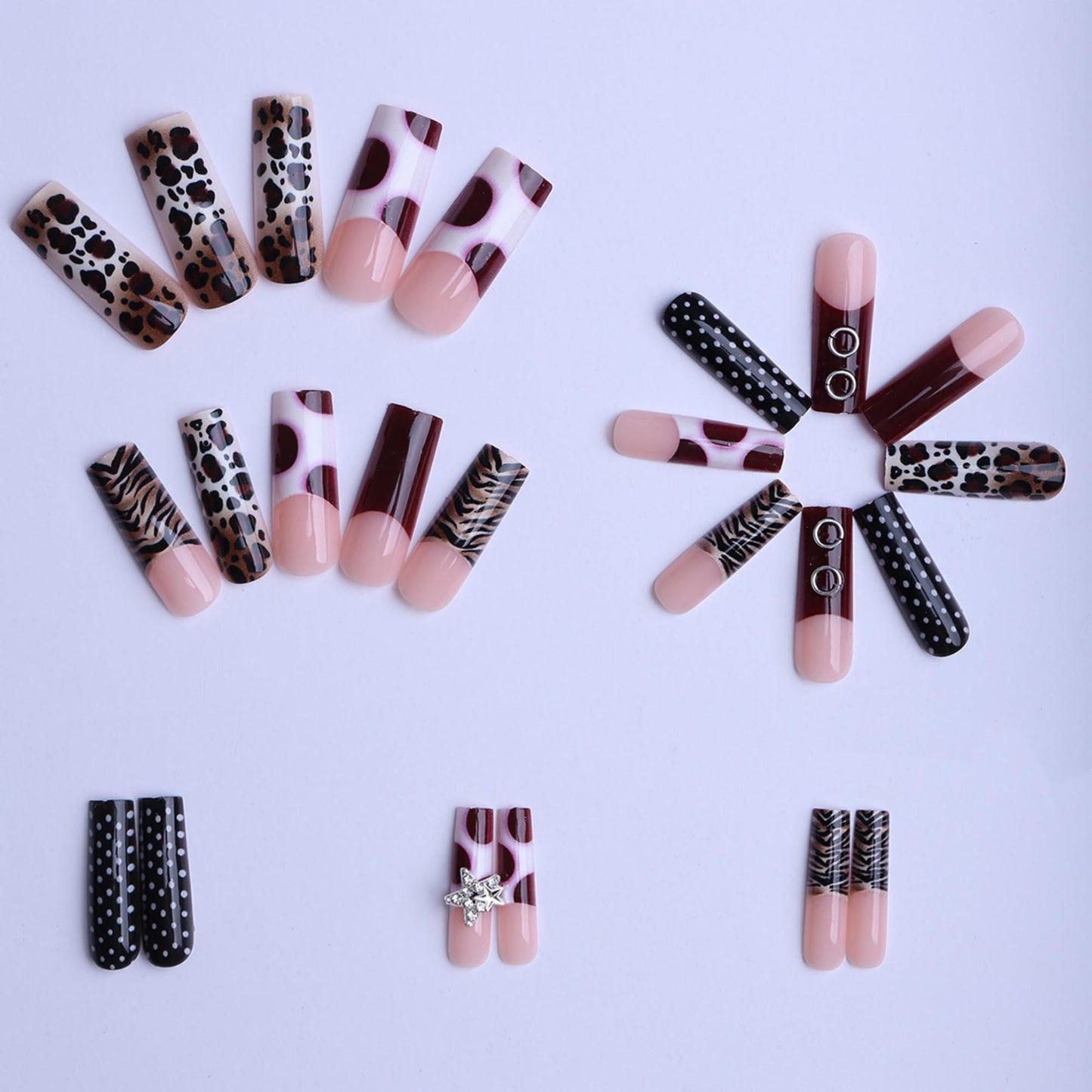 SEENEEY Long Square Press on Nails Brown Fake Nails French Artificial Nail Leopard Designs Stick on Nail for Women 24pcs