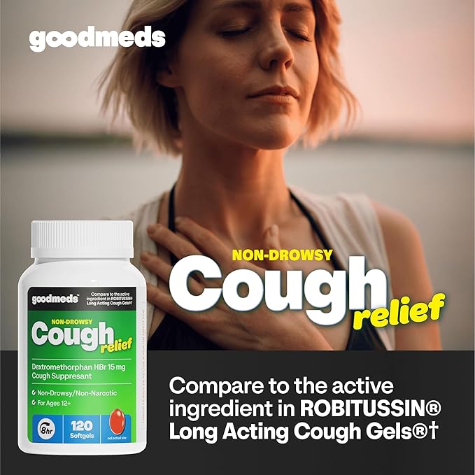 Cough Relief for Adults 120 Softgels Dextromethorphan HBr (DXM) 15mg 8Hour, Non-Drowsy, Long-Lasting Bronchial Suppressant for Dry Cough and Chest Congestion