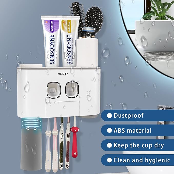 Toothbrush Holder Wall Mounted, WEKITY Multi-Functional Toothbrush and Toothpaste Dispenser for Bathroom, with 5 Toothbrush Slots, 2 Toothpaste Squeezers and 4 Cups(Grey)