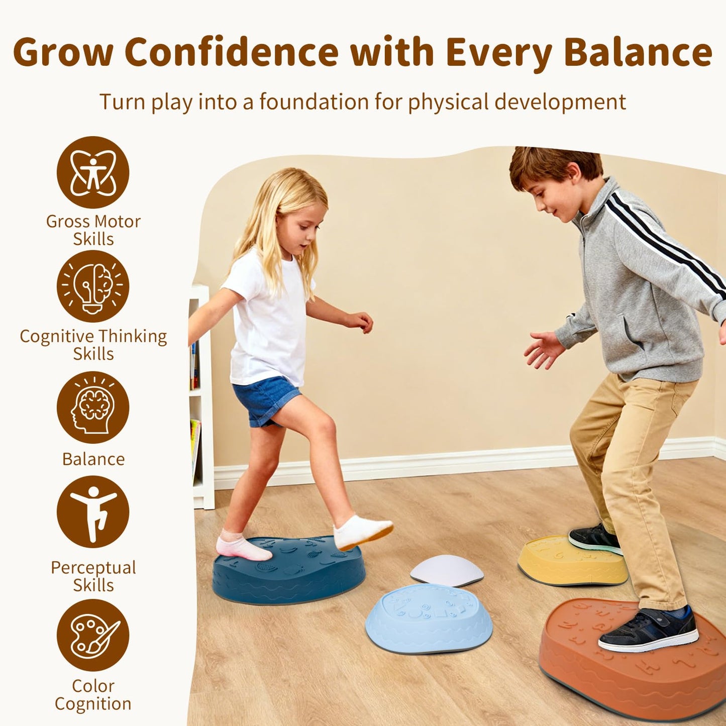 Gentle Monster Stepping Stones for Kids, Set of 6/8/11 PCS for Balance with Non-Slip Bottom - Exercise Coordination and Stability (Egg-Morandi)