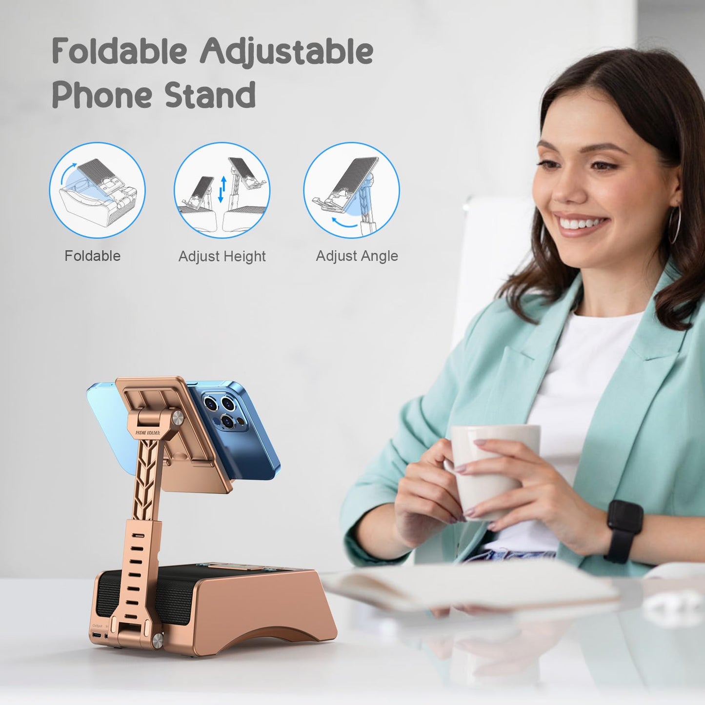 TechGlow Foldable Cellphone Stand with Bluetooth Speaker Charging Station Birthday Gifts for Men Women Mother Father Boy Girl Teens Cool Tech Gadgets-Rose Gold
