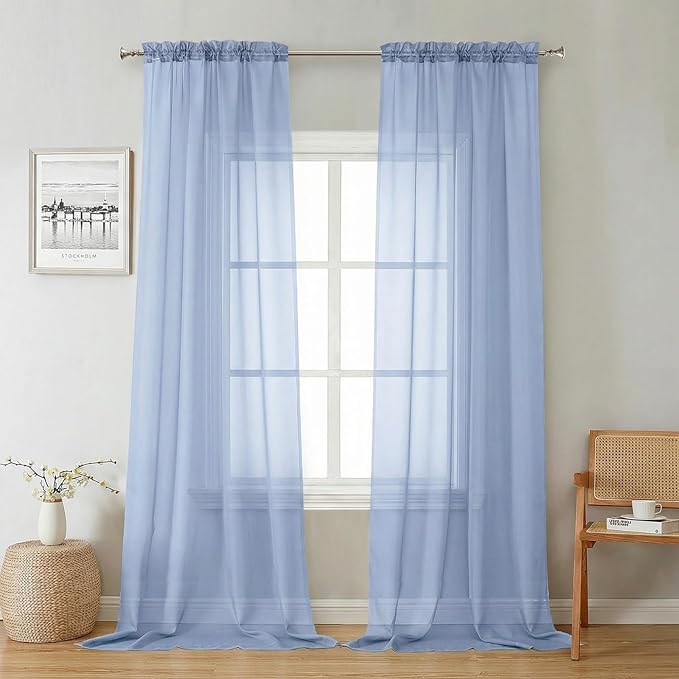 Lecloud Denim Blue Sheer Curtains 96 Inches Long 2 Panels, Rod Pocket Light Filtering Window Curtains for Living Room Bedroom Dining Room, Voile Airy Elegant Balcony Drapes, Each Panel 42" W x 96" L