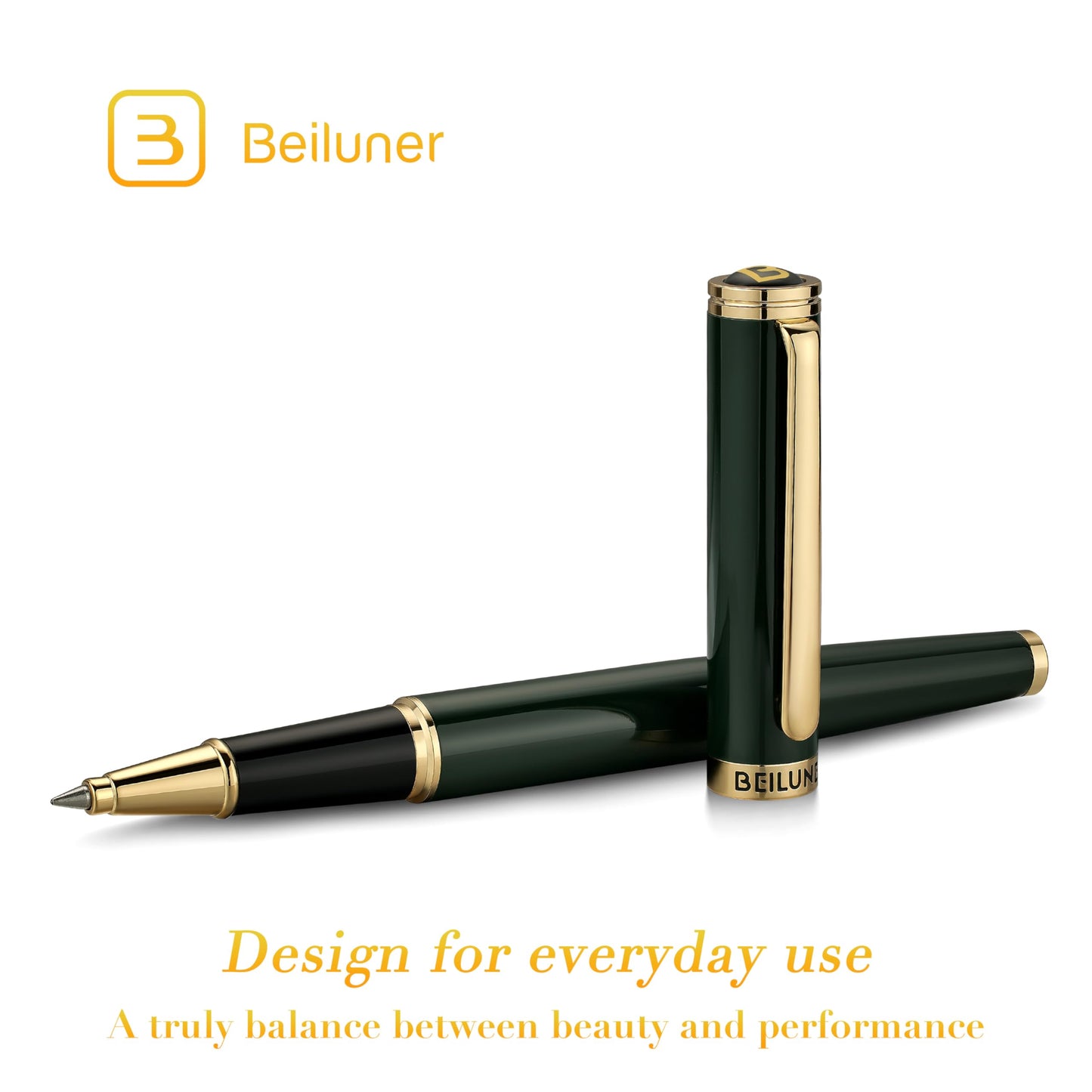 BEILUNER Luxury Rollerball Pen, Stunning Green Lacquer with 24K Gold Trim,Noble and Elegant Designs,Schneider Ink Refill, Best Gift Set for Men & Women, Refillable, Executive Writing, Nice Pens