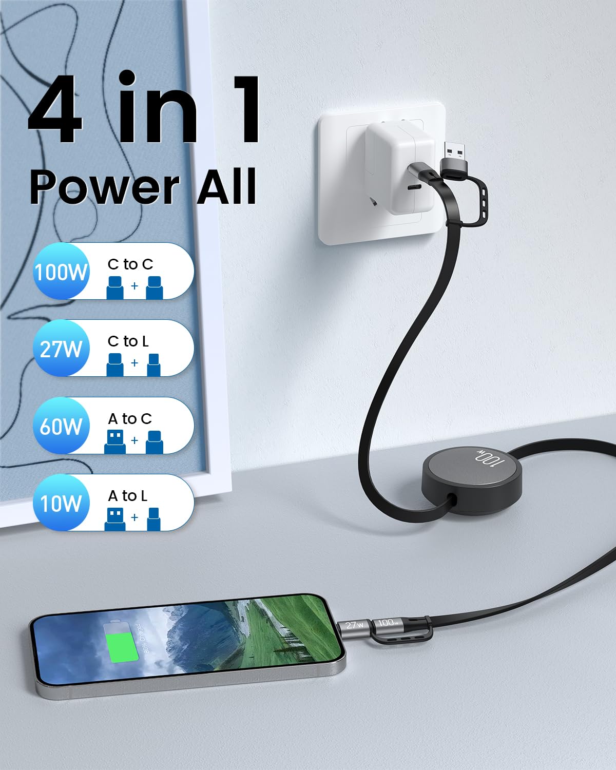 CAFELE 5-in-1 Retractable USB C Cable, 100W Multi Charging Cable USB C/A to L/Type C, 5A Fast Charging Multiple Charger Cord for Multiple Devices, Phone 16/15/14, Galaxy S24/S23, MBook, Pad (3.6ft)