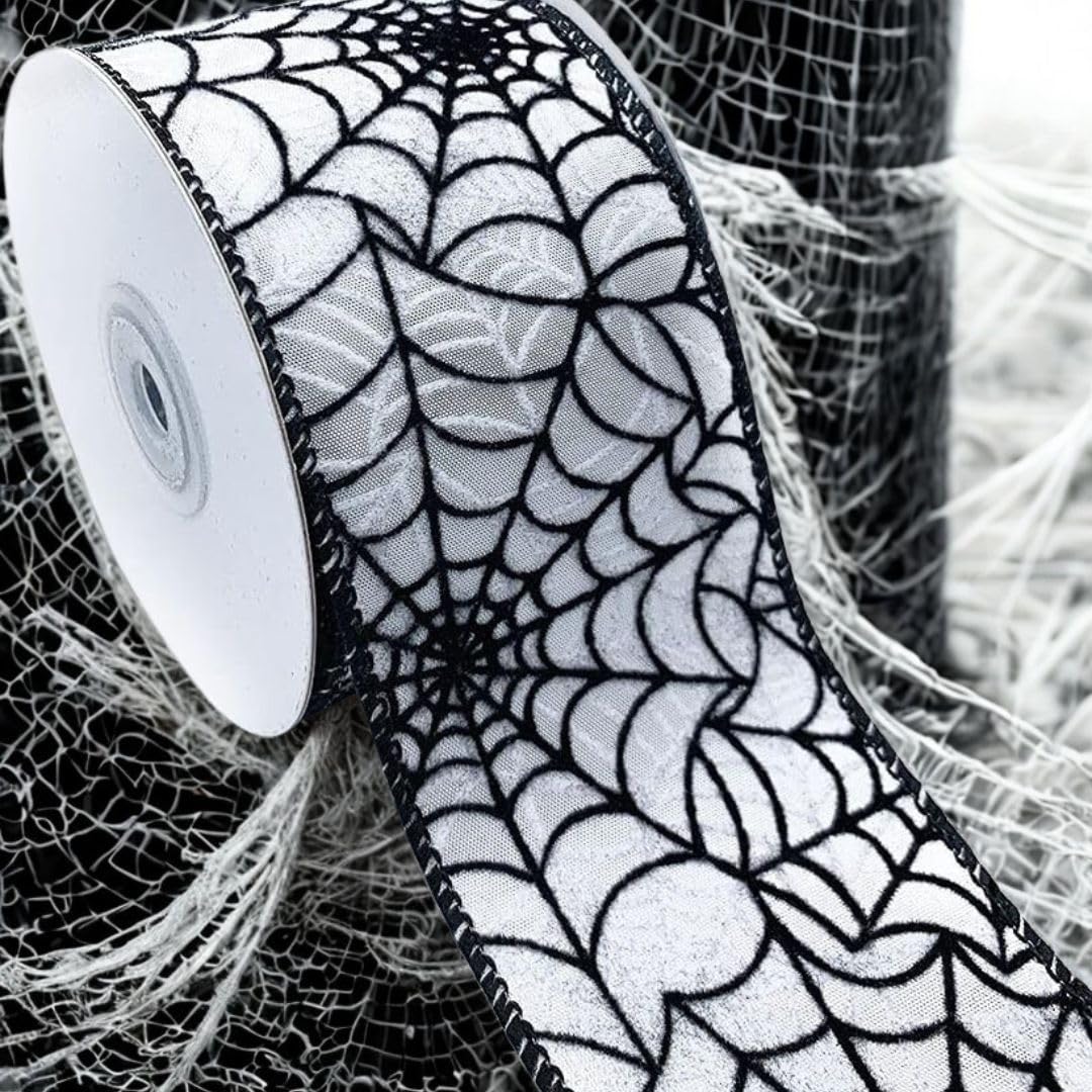 Designer’s Shop Halloween Wired Edge Ribbon 2.5” x 10 Yard for DIY Crafting, Home Décor (Spider Web- Black-White) WR 63-5113 Black Spider Web on White Satin Ribbon