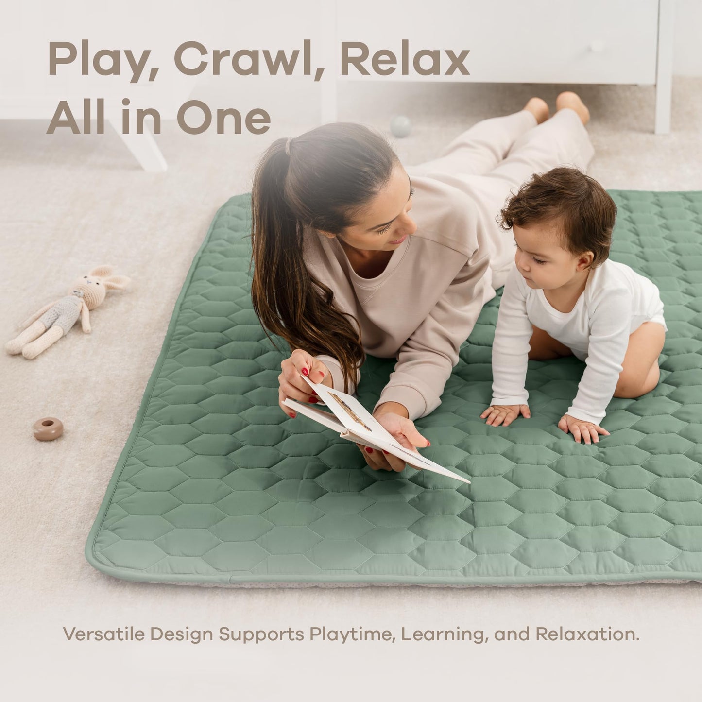 Comfy Cubs Square Kids Play Mat - 56 x 56 inches Soft Quilted Baby Floor Mat with Non-Slip Bottom - Plush Design for Toddlers' Playtime - Comfortable and Durable - Fern
