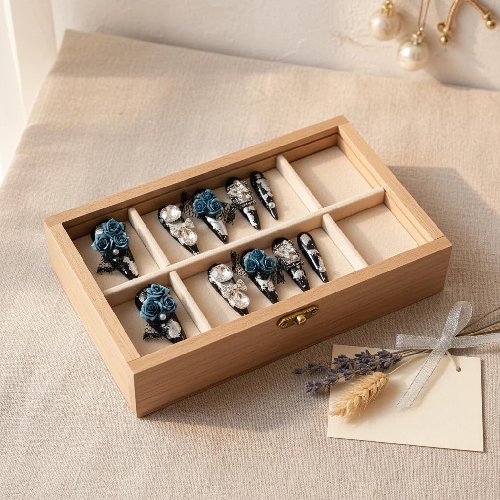 10pcs Handmade Press on Nails Long Stiletto False Nails Black Fake Nails with 3D Blue Flower Rhinestones Bow Designs Sparkly Charm luxury Artificial Nails Reusable for Women (Size M）