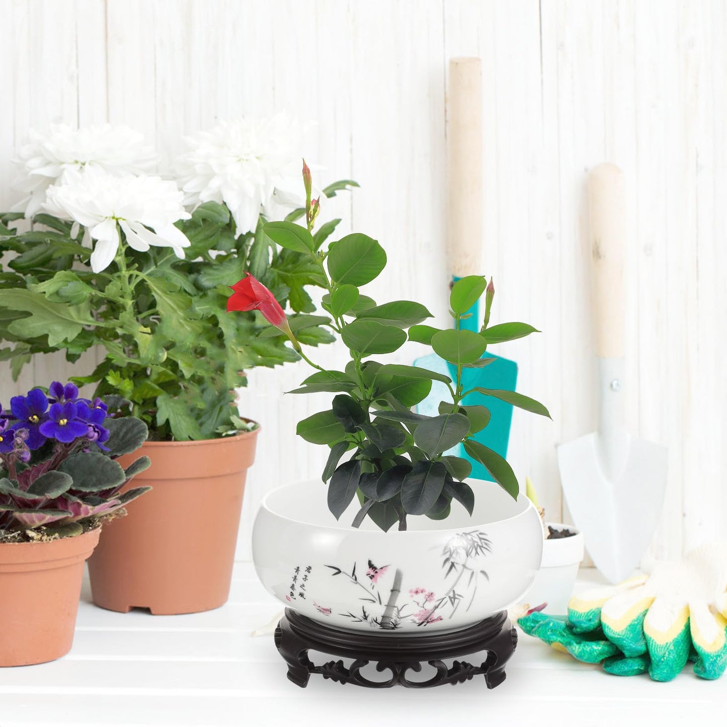 HEMOTON Lotus Bowl Planter, Chinese Style Ceramic Water Lily Pot with Ink Bamboo Pattern, No Drainage Hydroponic Vase for Indoor Plants, Decorative Fish Bowl with Plastic Base