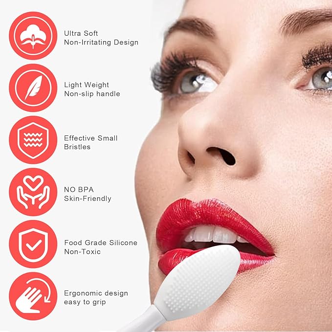 Lip Scrub Brush,Double-Sided Silicone Exfoliating Lip Brush Tool for Smoother and Fuller Lip Appearance,White,2pcs
