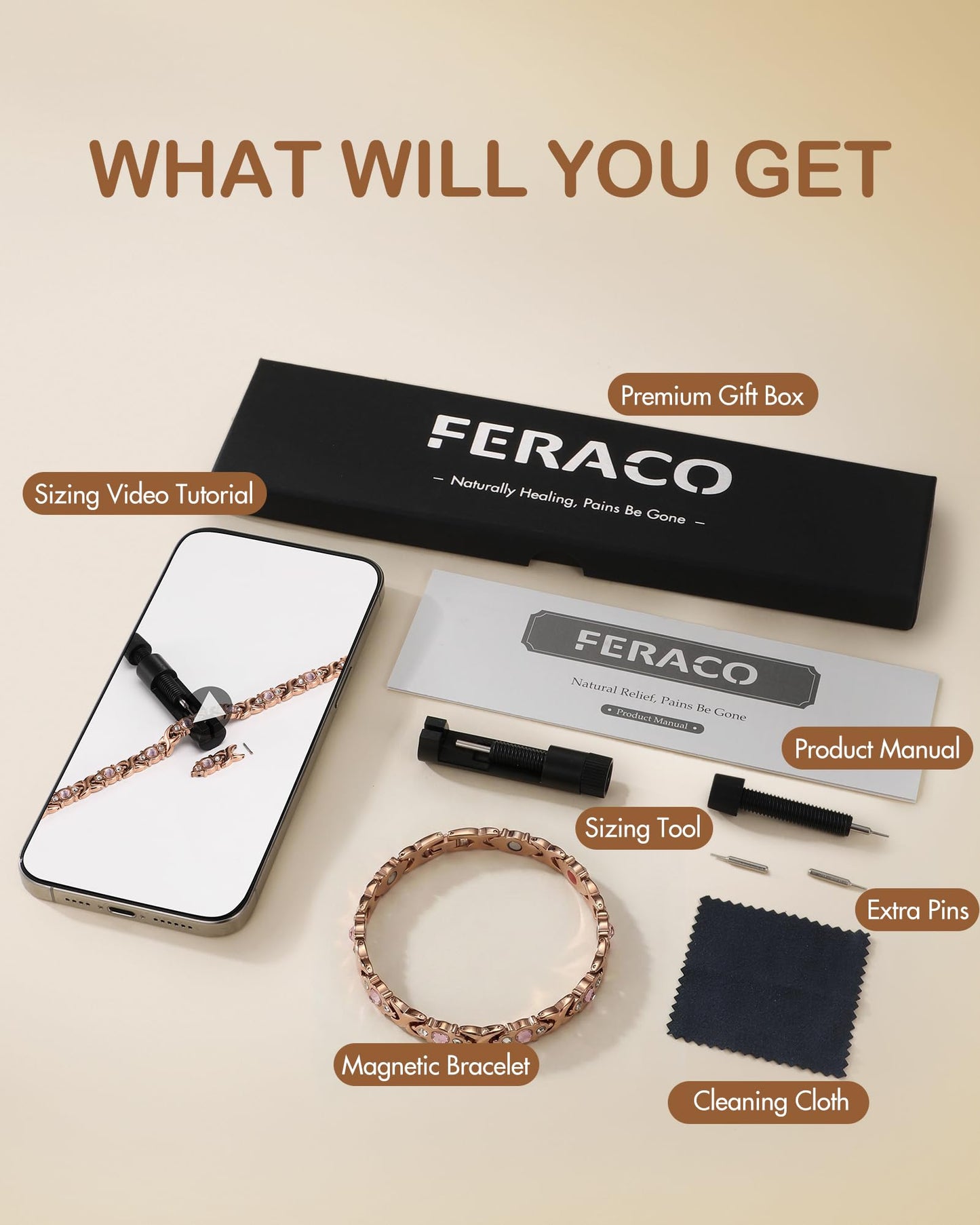 Feraco Pure Copper Bracelets for Women, 4 Elements Magnetic Bracelet with 3800 Gauss Neodymium Magnets & Dazzling Crystals, Adjustable Jewelry Gift (Rose Gold)