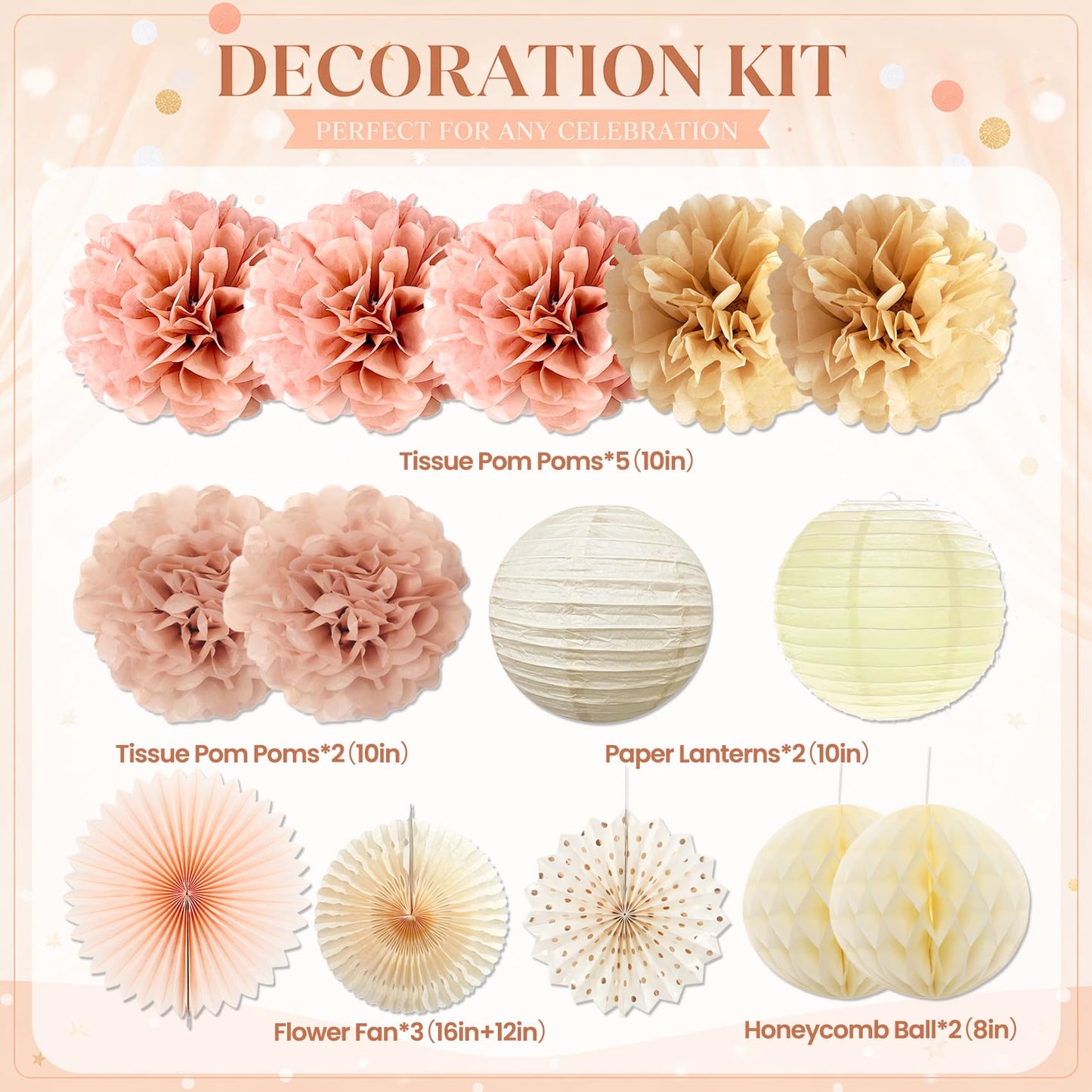 64Pcs Birthday Party Decorations Happy Birthday Banner, Paper Lanterns, Streamers, Tissue Pom Poms, Party Balloons, Rustic Backdrop Decor (Champagne-Gold Beige)