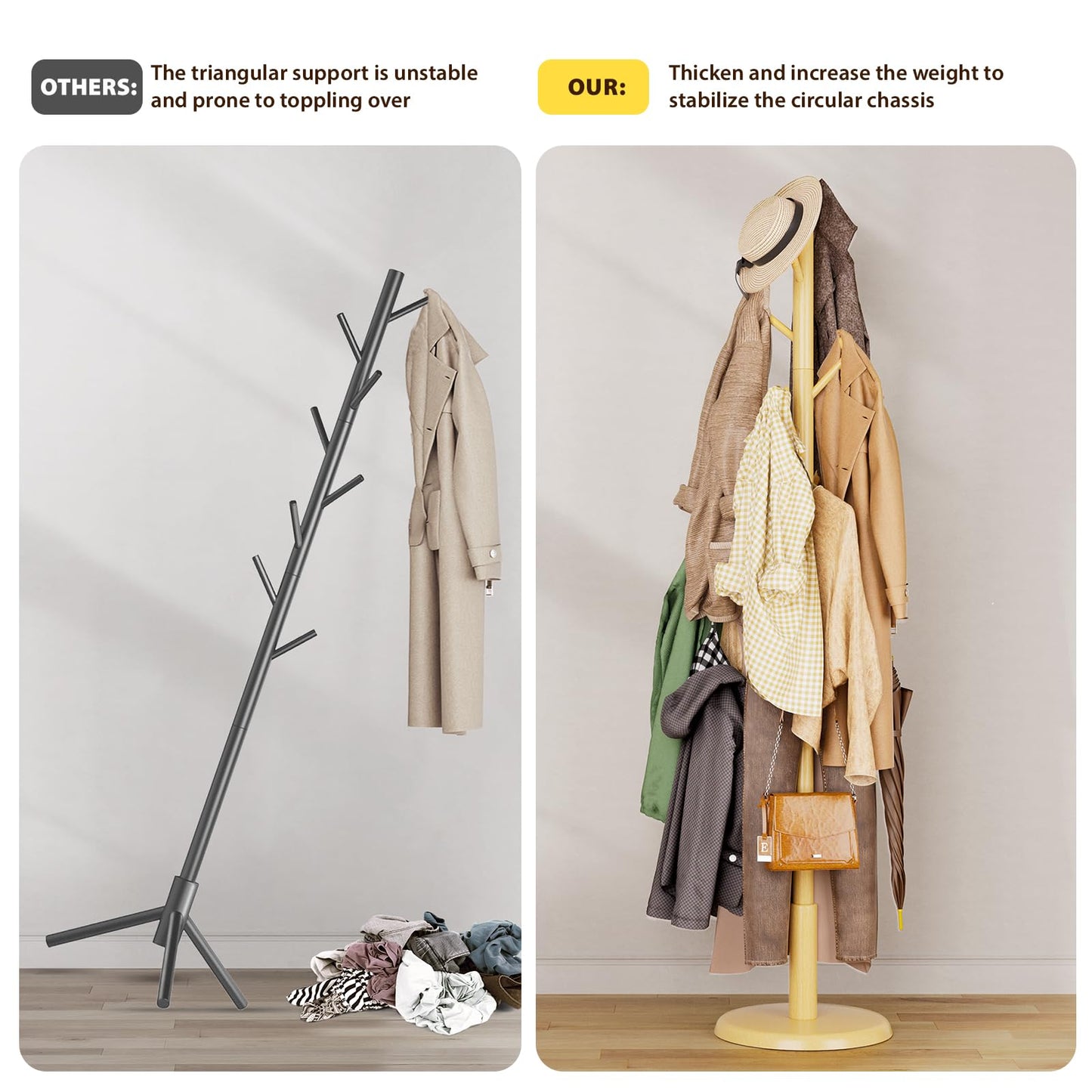 Taitiy Solid Wood Coat Rack Freestanding Coat Tree with 10 Hooks for Bedroom, Livingroom, Entryway, Sturdy Coat Hanger Stand for Hats, Coats, Scarves, Handbags, Purses