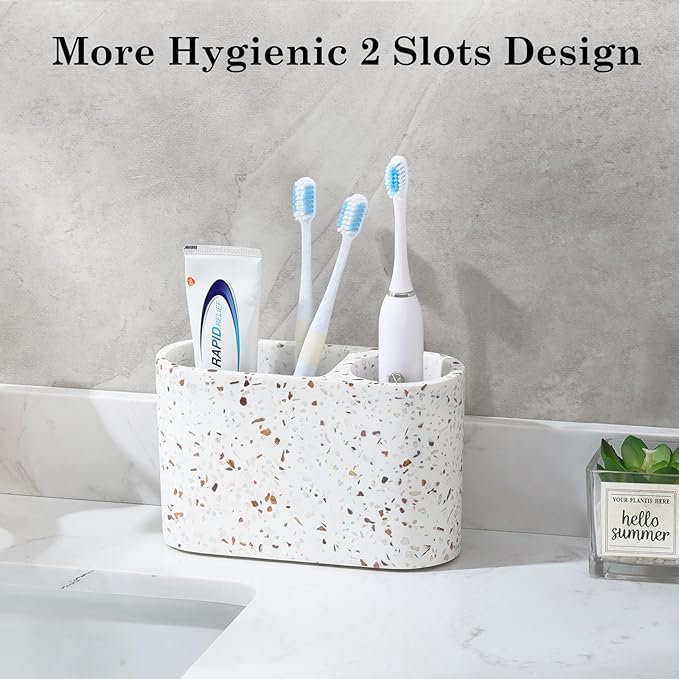 Luxspire Toothbrush Holder, 2 Slots Toothbrush and Toothpaste Holdersfor Bathrooms, Resin Toothbrush Holder Electric Toothbrush Stand for Vanity Countertop, Bathroom Accessories, Terrazzo