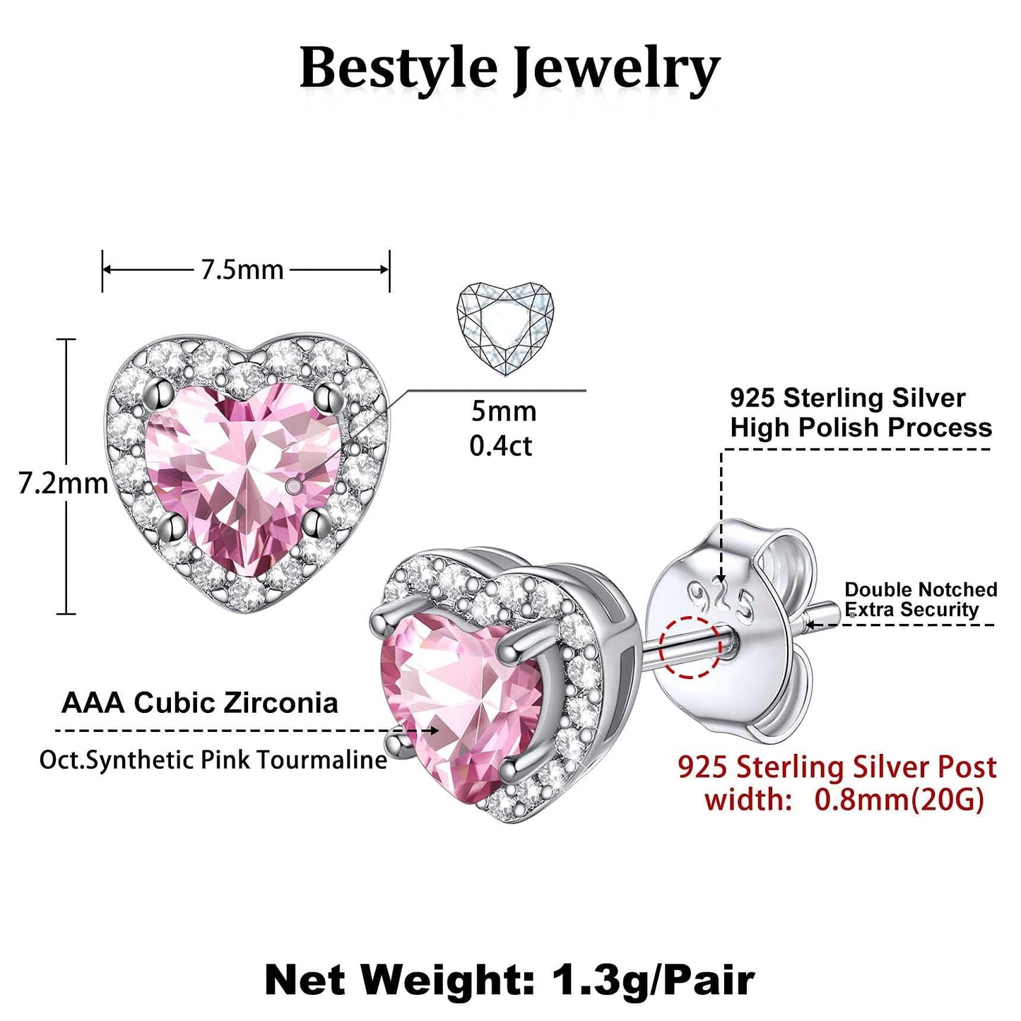 Bestyle Infinity Love Heart Stud Earrings with October Pink Tourmaline Birthstone Crystal, Brilliant Love Heart Diamond Studs Statement Jewelry for Women