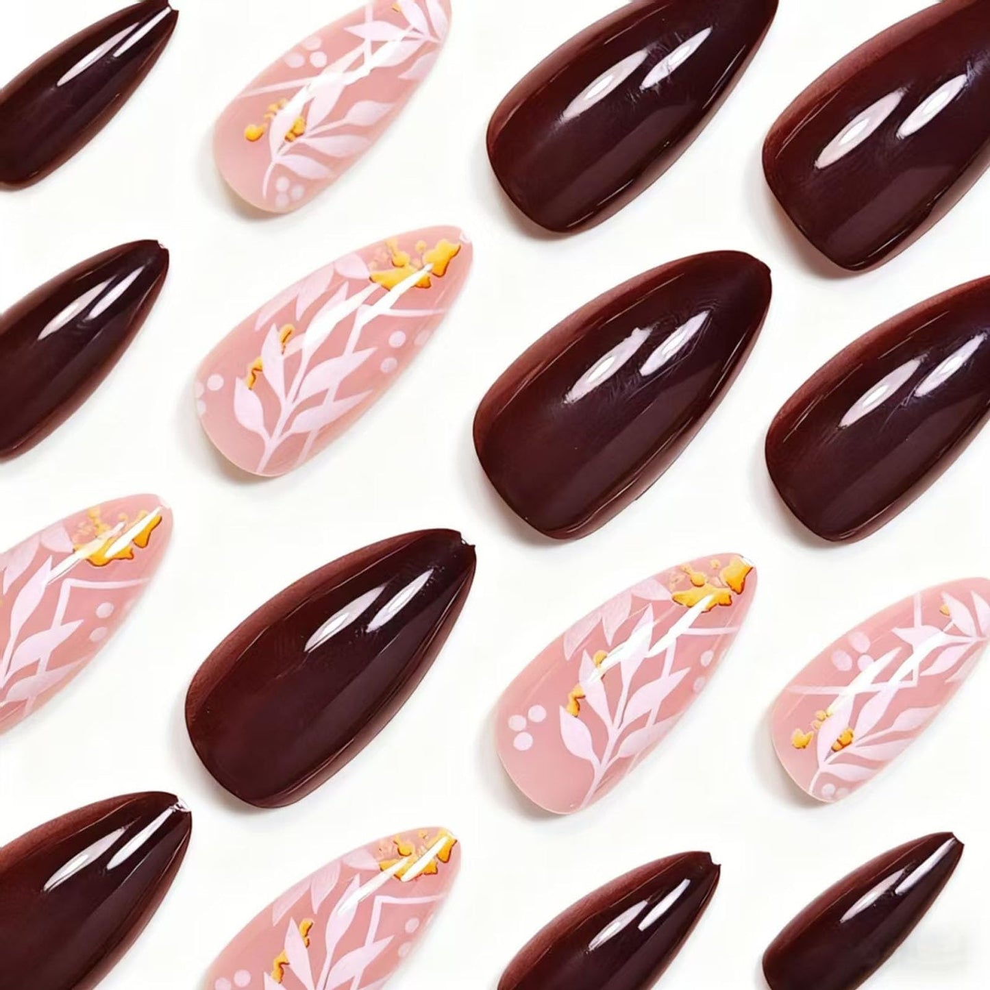 IMSOHOT Fall Press on Nails Medium Almond Fake Nails Fall Brown White Maple Leaf False Nails Glossy Full Cover Glue on Nails for Women 24Pcs