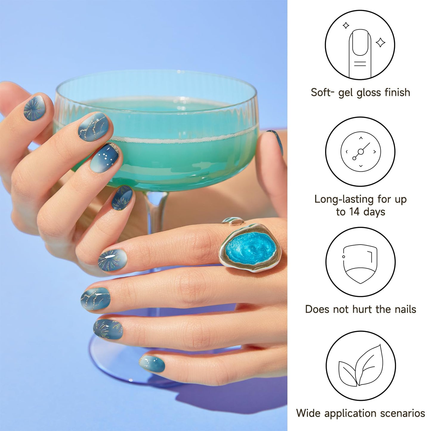 DUKASOU Semi Cured Gel Nail Strips 28 pcs Nail Stickers for Women (Stars Shine Blue) Full Nail Wraps -UV Lamp Required Long Lasting Easy to Apply
