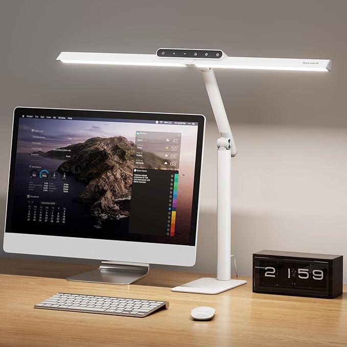 Honeywell LED Desk Lamp with Base - HJ1WT Sunturalux Eye-Caring Architect Desk Lamp for Home Office, 1200LM Computer Desk Light 4 Color Modes Stepless Dimming Task Desk Light with Timer Function White