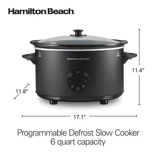 Hamilton Beach 6 Quart Set & Forget Programmable Slow Cooker with Defrost Function, Flexible Programming, Adjustable Countdown Timer, Large Dishwasher Safe Stoneware Crock and Glass Lid, Black (33765)