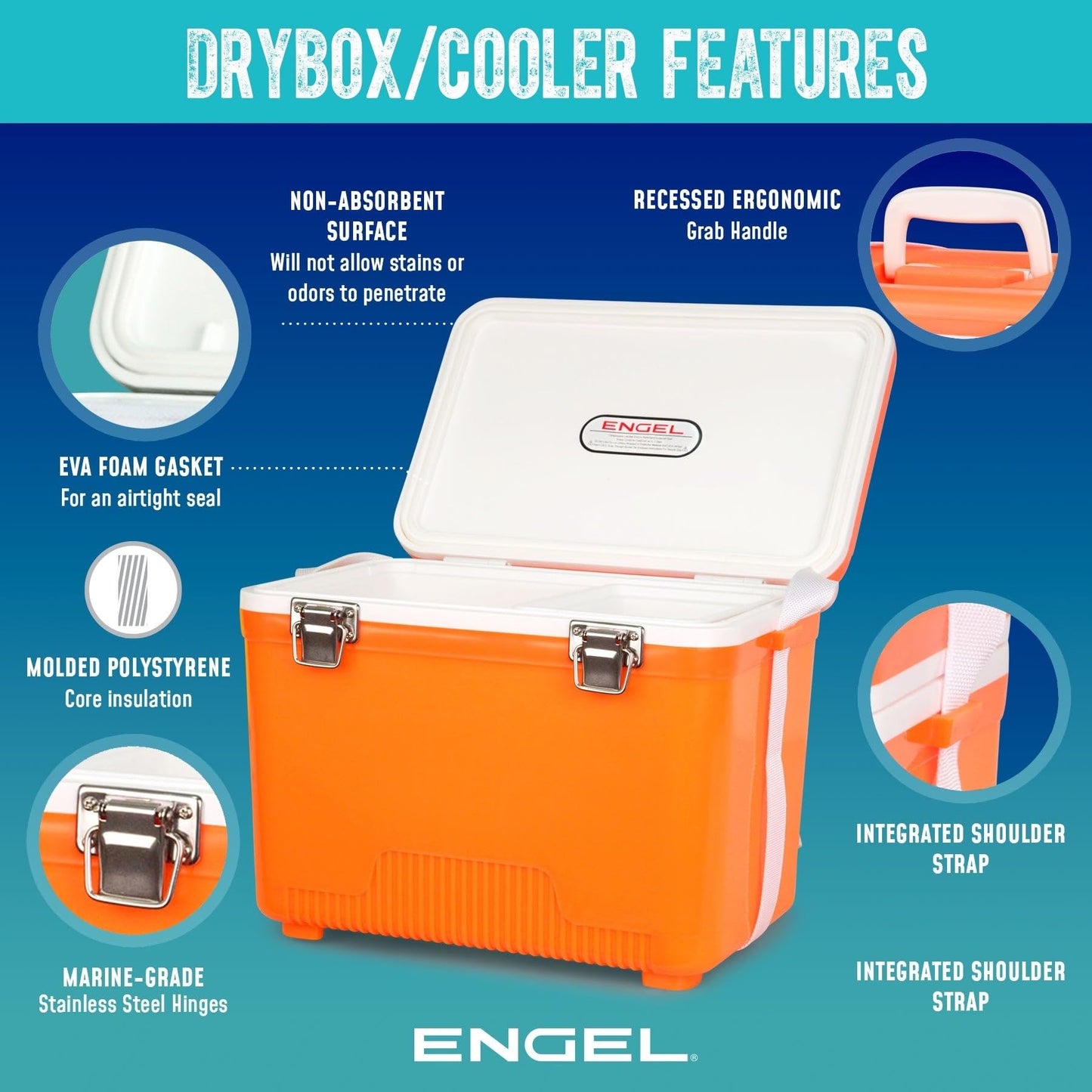 Engel UC19-RWB 19 Quart Fishing Live Bait Dry Box Ice Cooler with Stain/Odor-Resistant Surface and Shoulder Strap, USE Red, White and Blue with American Flag